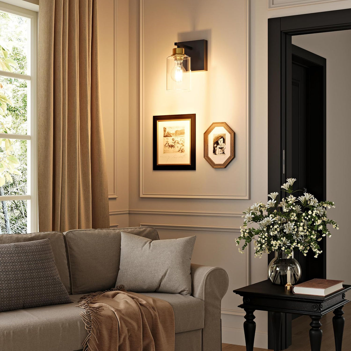 Wireless Battery Operated Wall Sconce Set of Two with Remote Control | Black & Gold Dimmable Rechargeable Wall Lights