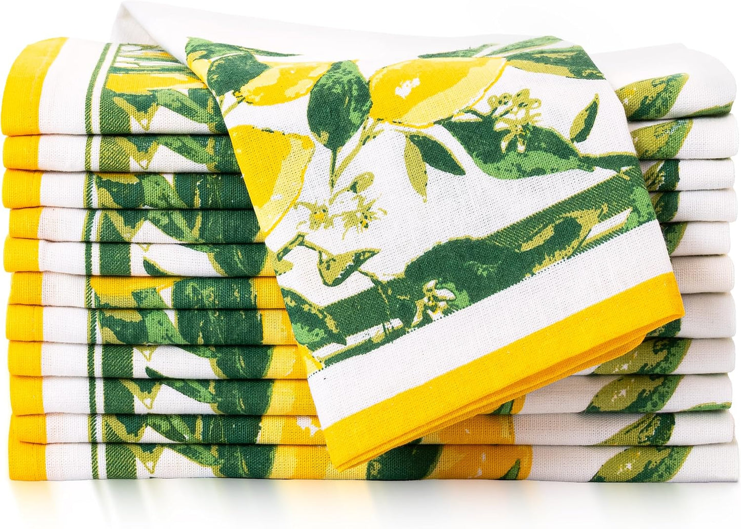 FINGERCRAFT Cloth Napkins Set of 12 Cotton Linen, 20x20 Inch, Lemon Print | Mitered corner, washable, soft, absorbent