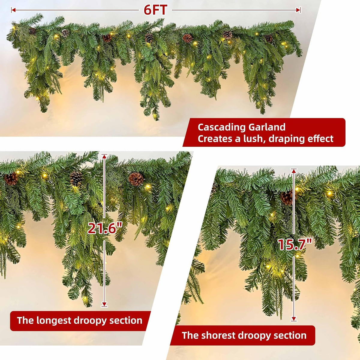 6ft Cascading Christmas Garland with Lights/Pinecone for Mantel Decorations | Prelit 80 Warm White LEDs with Dark Green