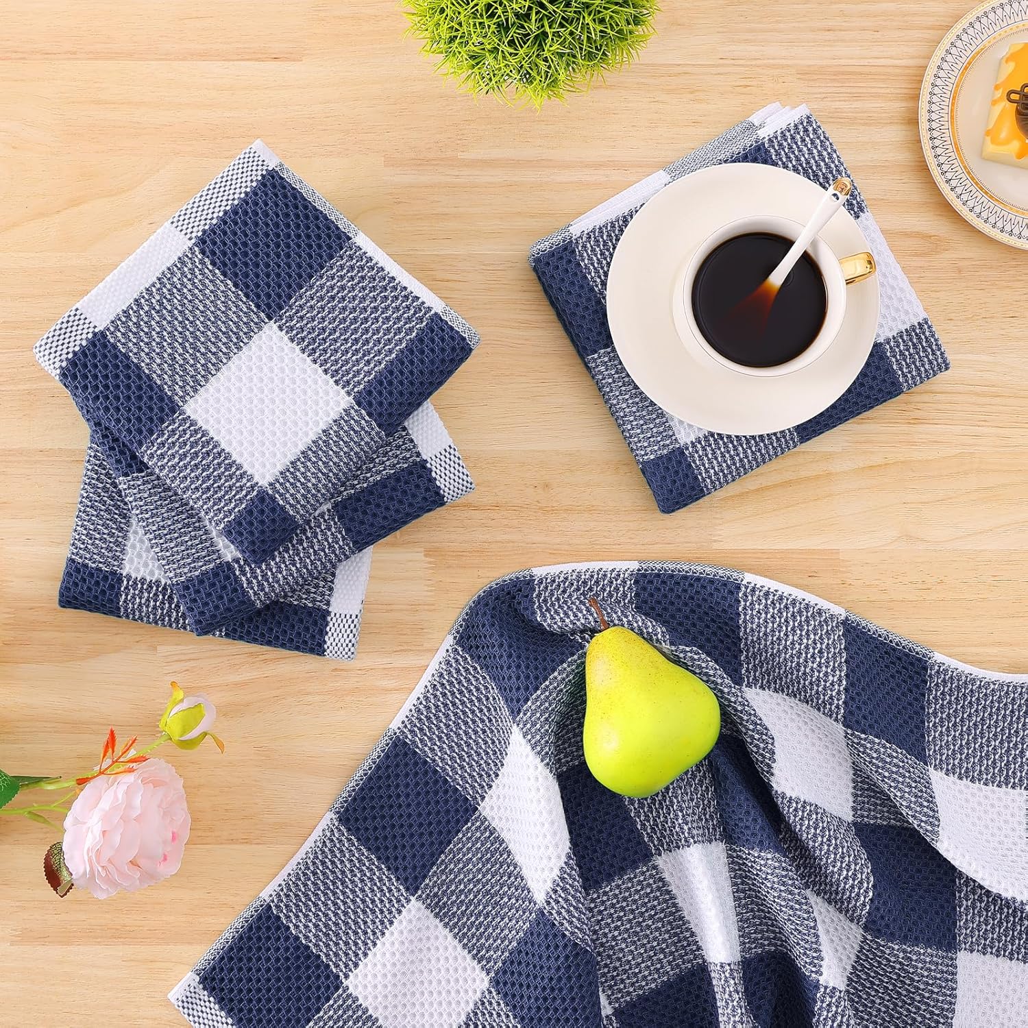 Homaxy Kitchen Towels and Dishcloths Set, Set of 12, White & Navy Blue | Bulk Cotton Waffle Weave Check Plaid Kitchen