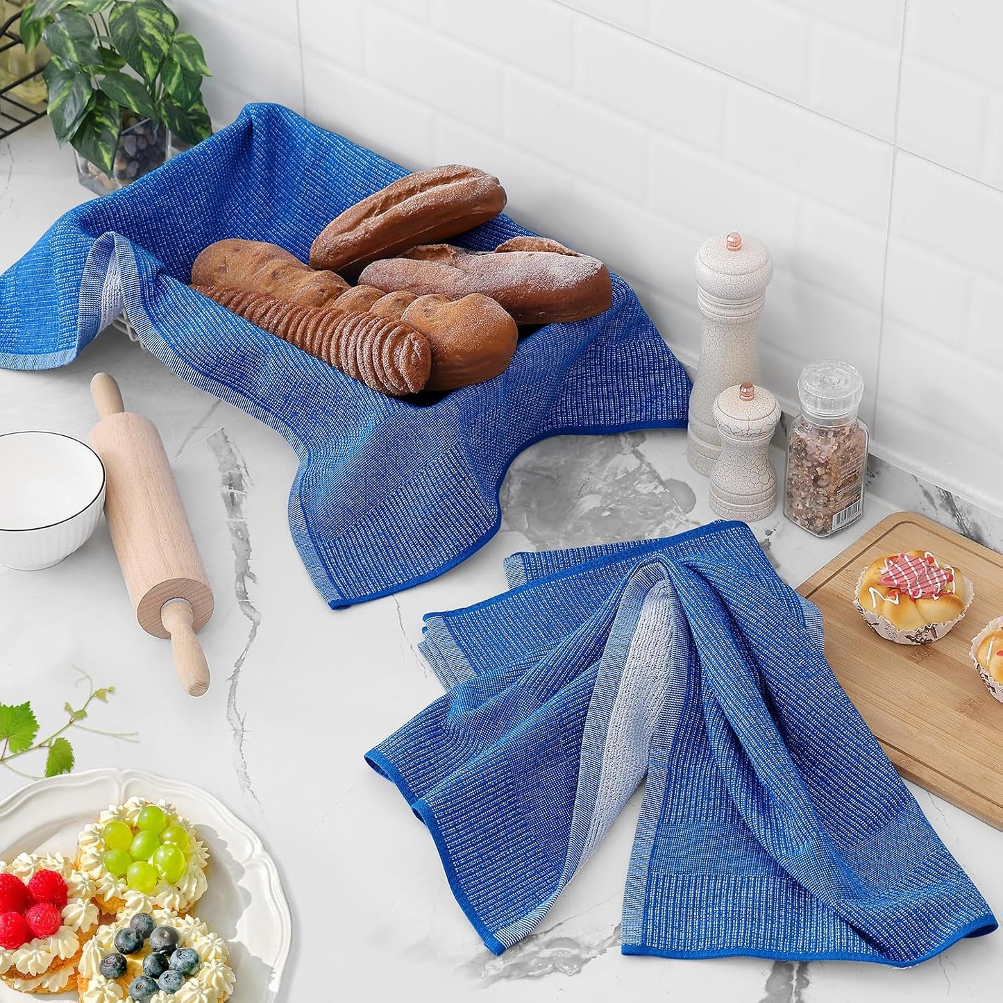 Homaxy 380 GSM Cotton Premium Kitchen Towels 6 Pack, 18"x 28", Blueberry | Flat and Terry Dish Towels, Highly Absorbent