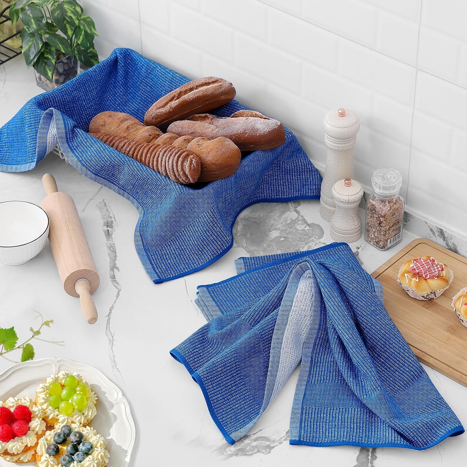 Homaxy 380 GSM Cotton Premium Kitchen Towels 6 Pack, 18"x 28", Blueberry | Flat and Terry Dish Towels, Highly Absorbent