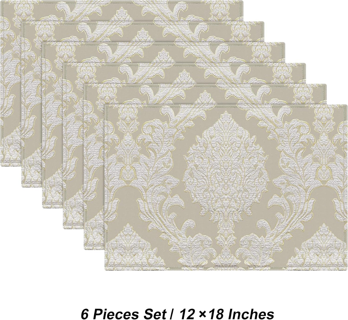 Loom and Mill Luxury Damask Jacquard Placemats Set of 6, Beige, 12x18 in | Non-Slip Table Place Mats for Home Kitchen