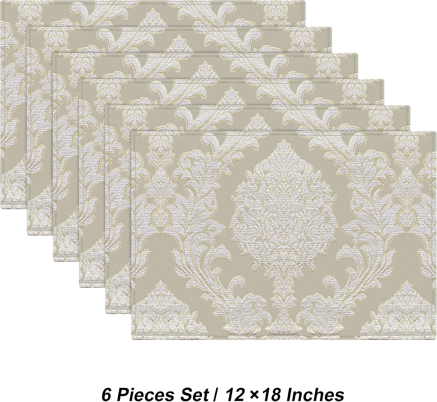 Loom and Mill Luxury Damask Jacquard Placemats Set of 6, Beige, 12x18 in | Non-Slip Table Place Mats for Home Kitchen