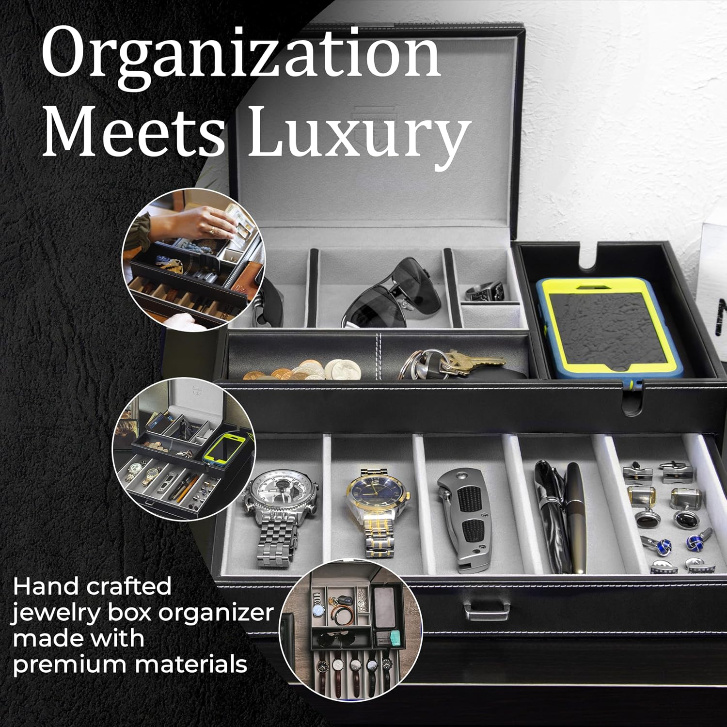 HOUNDSBAY Admiral Dresser Valet Box & Mens Jewelry Box Organizer with Large Smartphone Charging Station (Grey)