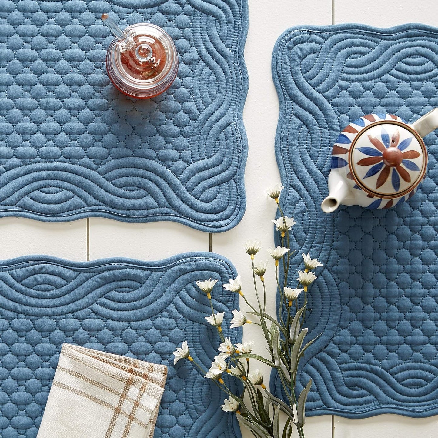 DII Quilted Farmhouse Collection Tabletop, Placemat Set, French Blue, 6 Piece