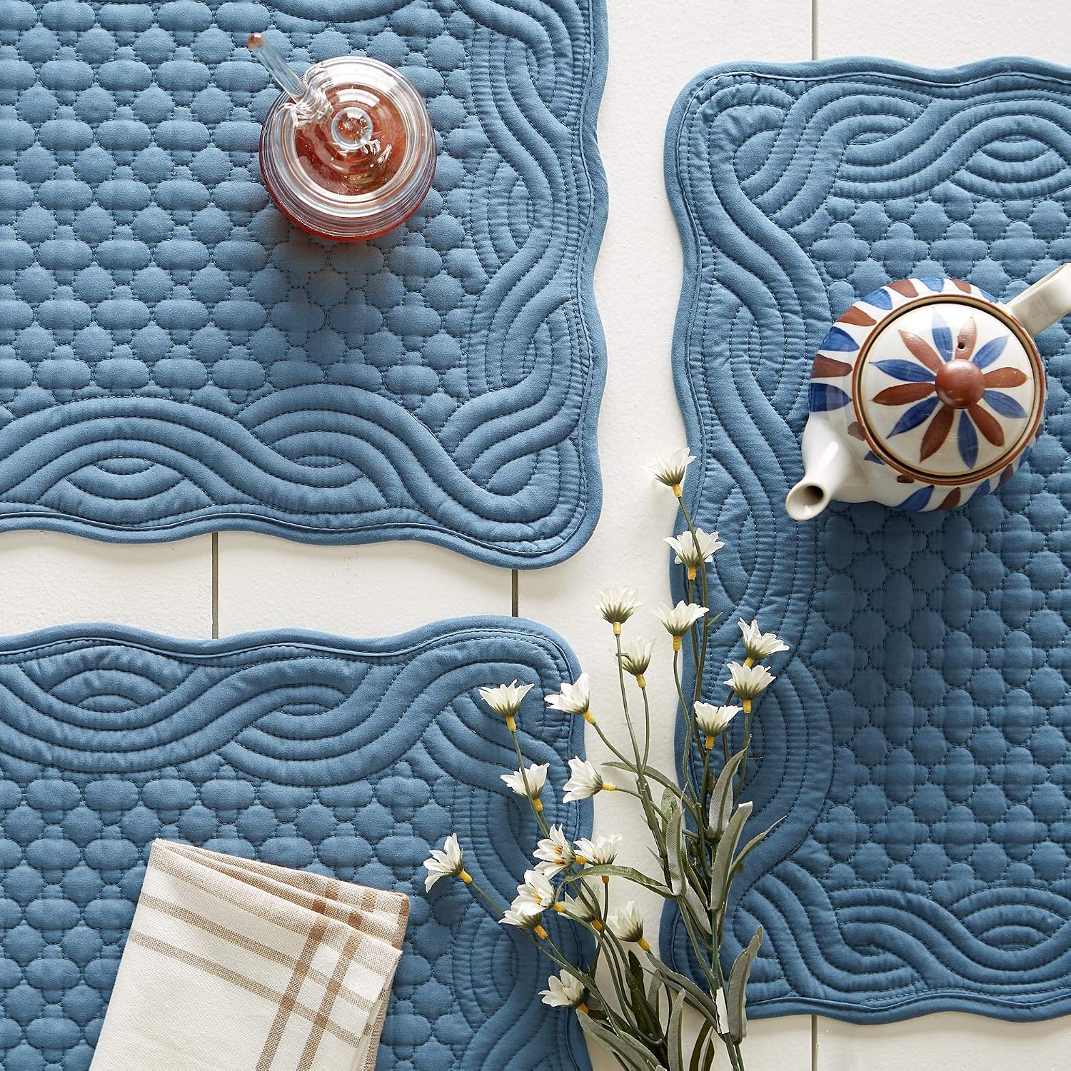 DII Quilted Farmhouse Collection Tabletop, Placemat Set, French Blue, 6 Piece