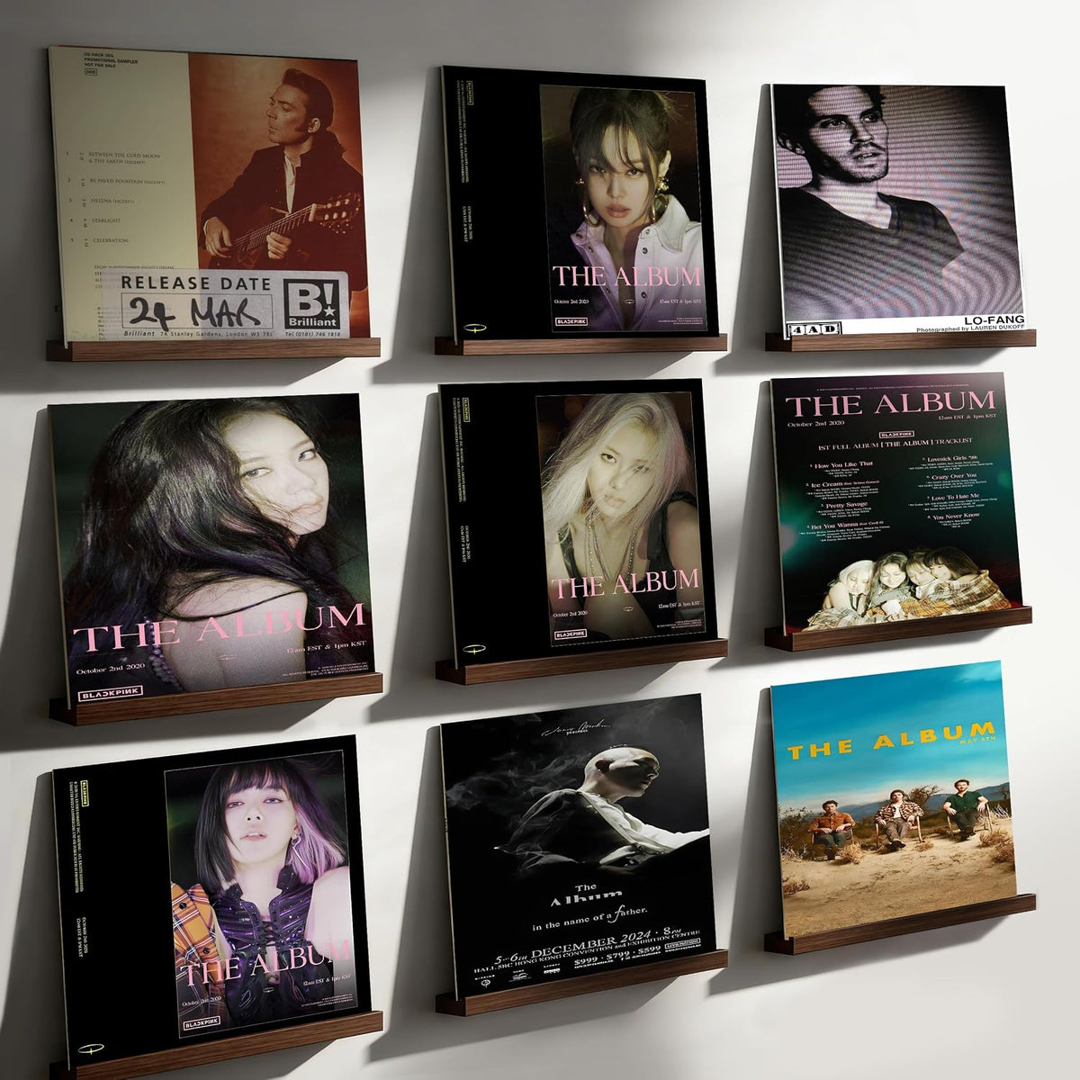 Record Wall Display No Drill with 2 Mount Options(Adhesive & Screws), 10 Pack Walnut Wood Vinyl Shelf, Vinyl Wall
