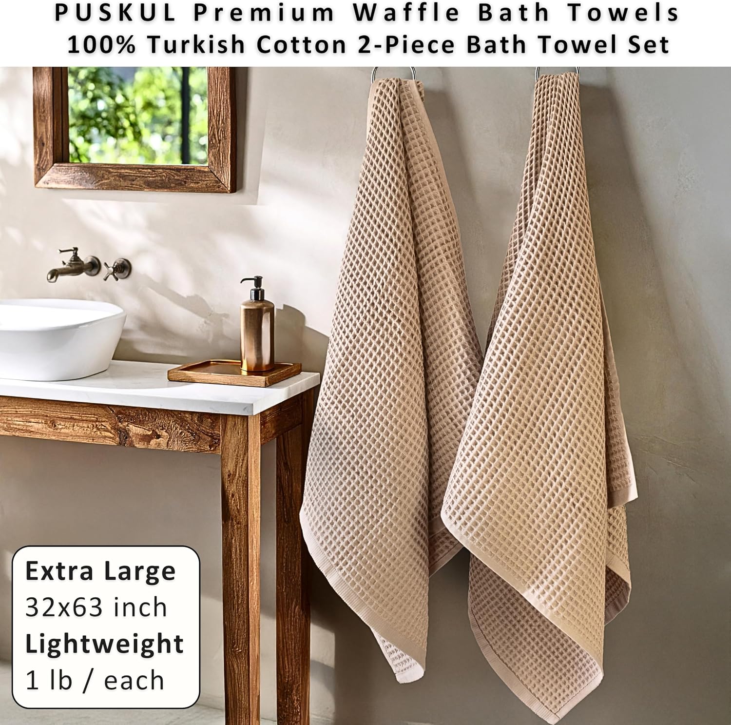 PÜSKÜL Natural 100% Turkish Cotton Waffle Bath Towels Set of 2, Extra-Large | Beige, Oversize 32x63" Bath sheet towel