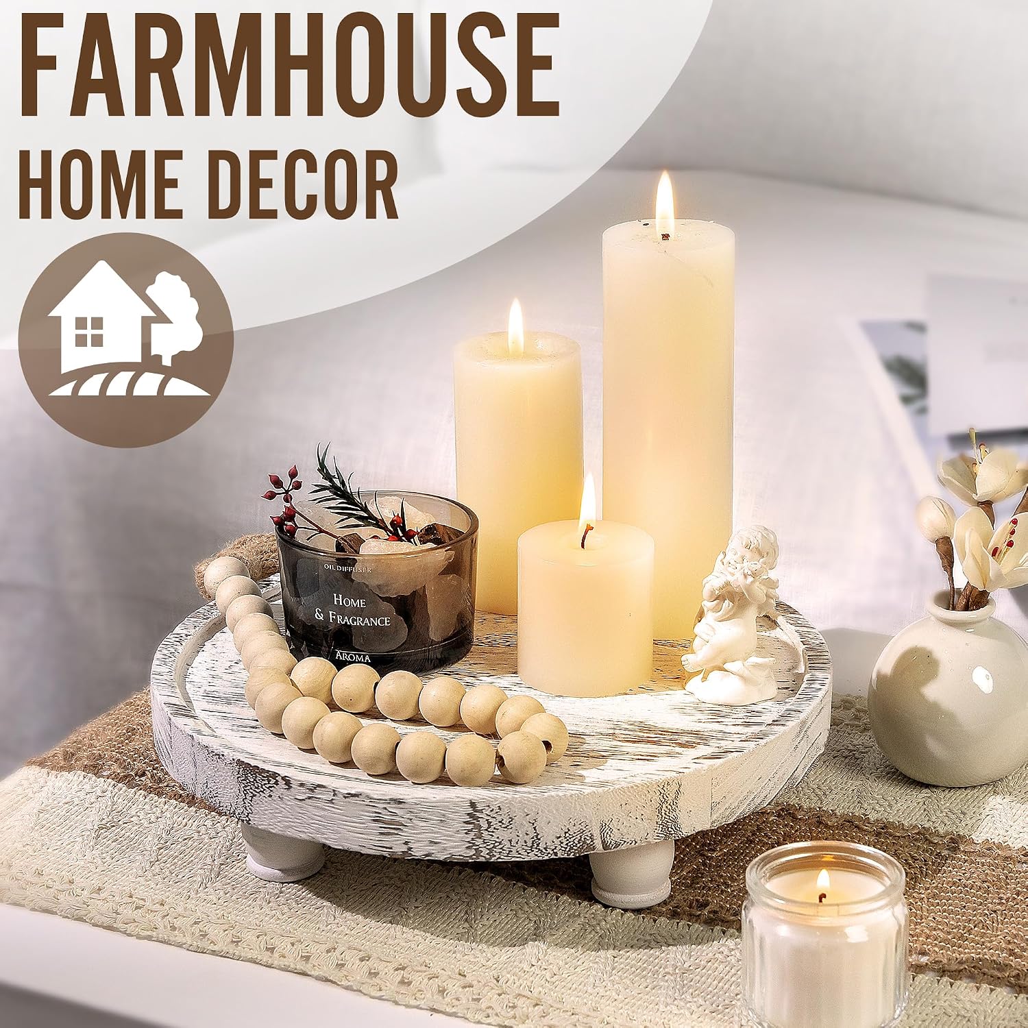 in. Farmhouse Pedestal Stand / Round-white / 10 Inch