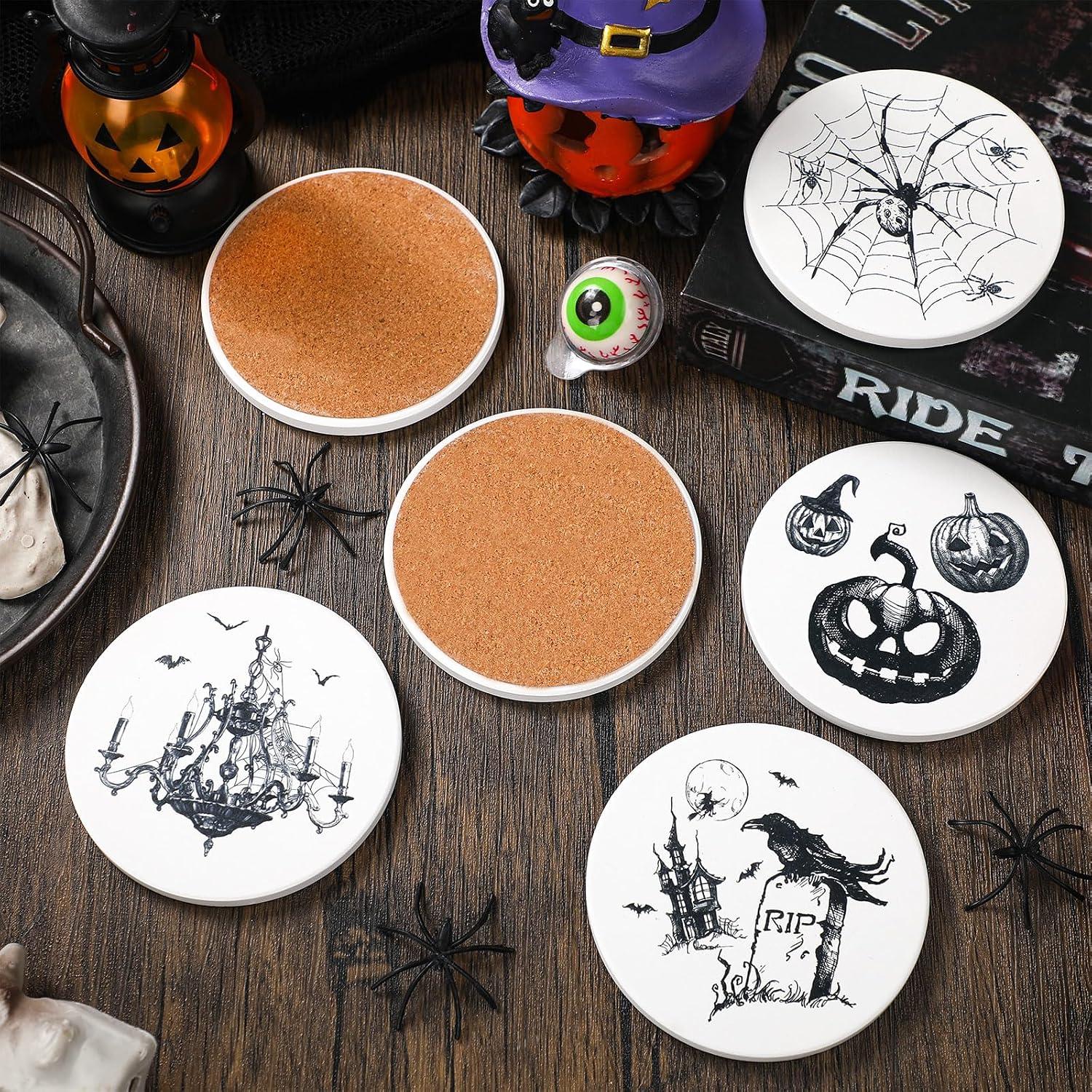 Vintage Gothic Coasters Spider Skull Raven Bottle Design Drink Coaster / Halloween / Set of 6