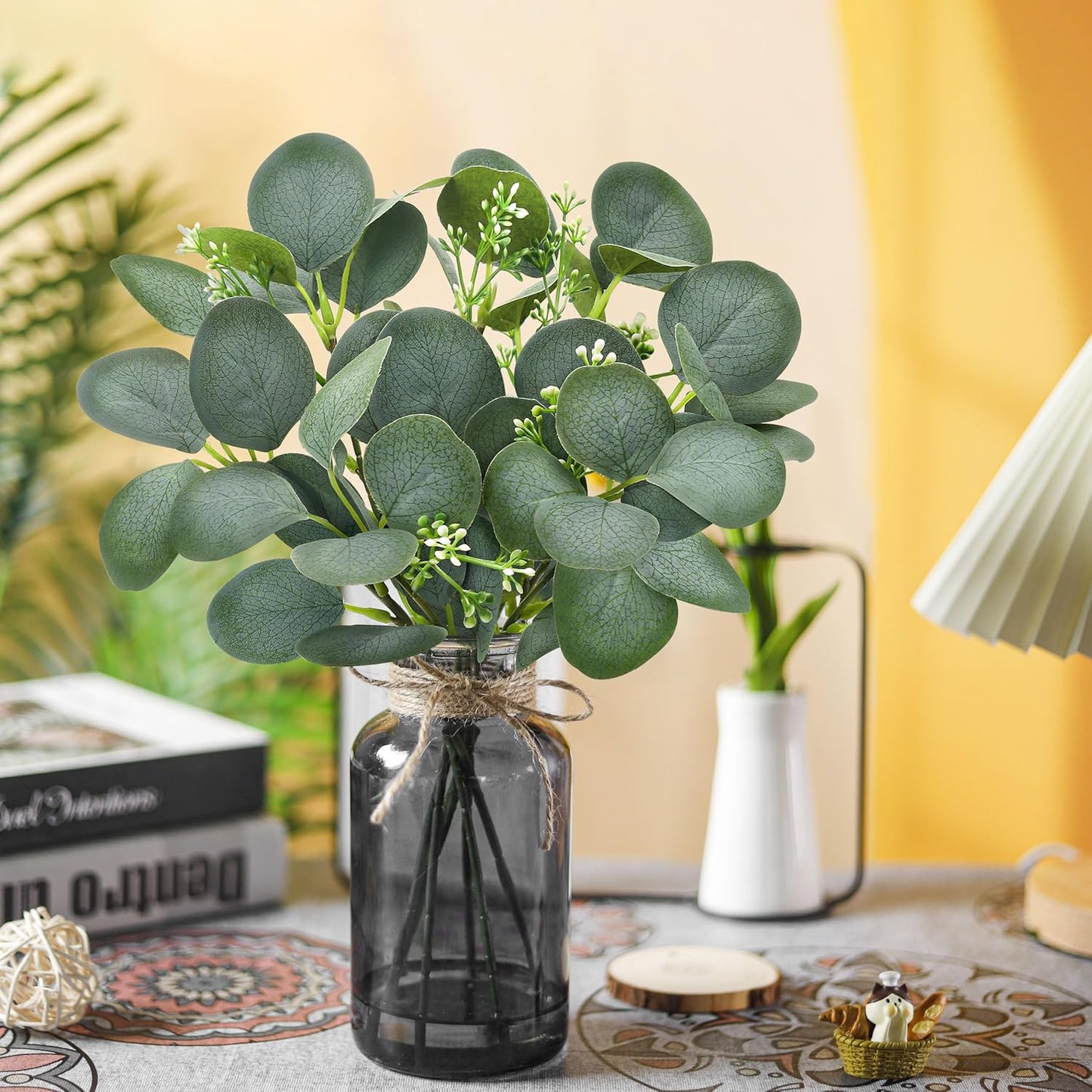 13.5" Fake Plants for Black Bathroom Decor Artificial Eucalyptus Stems in Black Glass Vase / Black-2