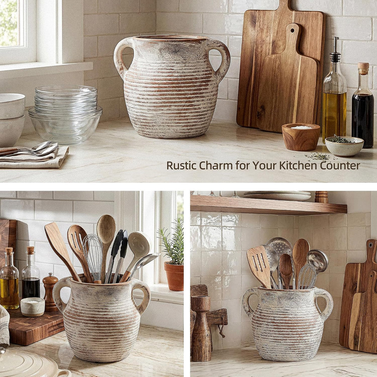 Rustic Utensil Holder for Kitchen Counter - Large Ceramic Farmhouse Cooking Utensil Crock & Organizer for Spatula