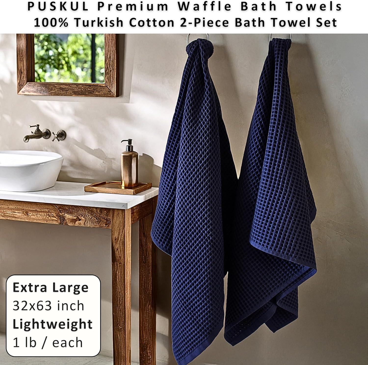 PÜSKÜL Natural 100% Turkish Cotton Waffle Bath Towels Set of 2, Extra-Large | Navy Blue, Oversize 32x63" Bath sheet