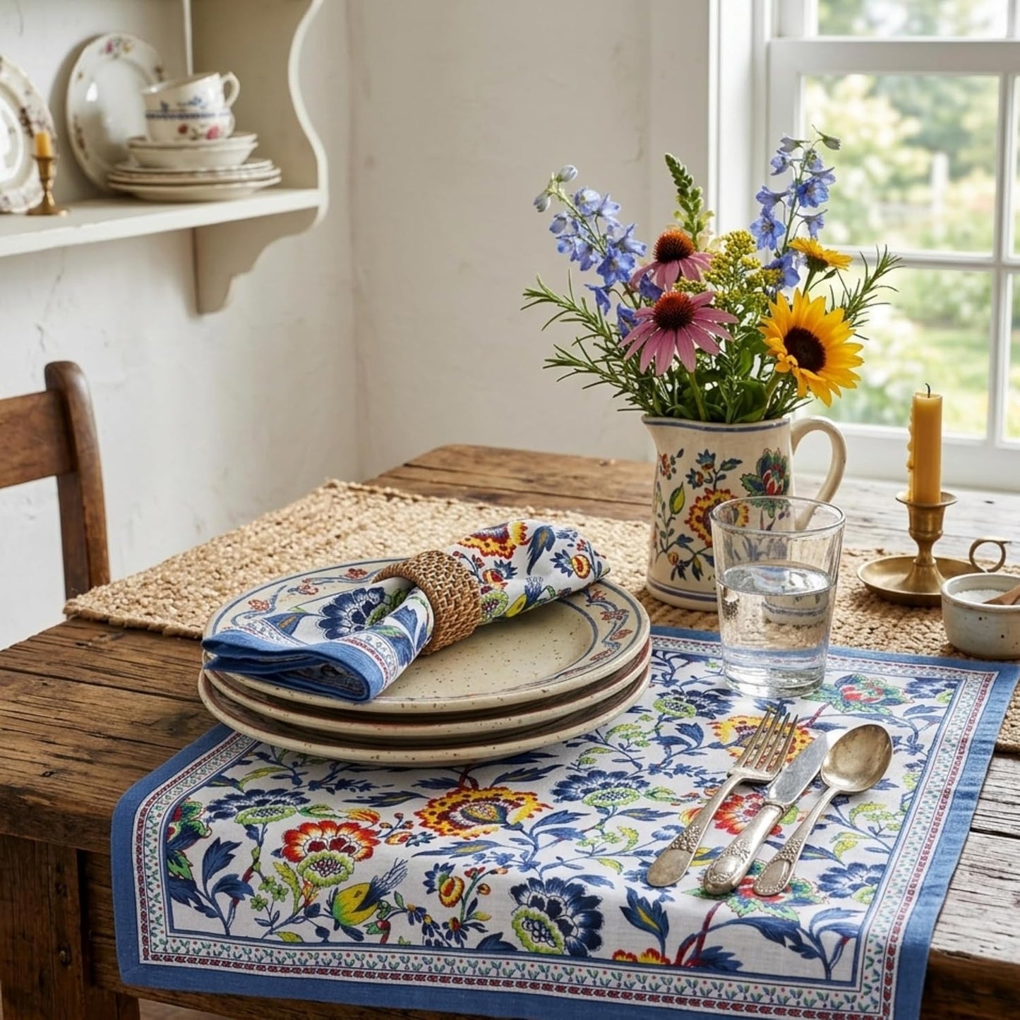 FINGERCRAFT Cloth Napkins Set of 12 Cotton Linen, 20x20 Inch, Blue Floral | Mitered corner, washable, soft, absorbent