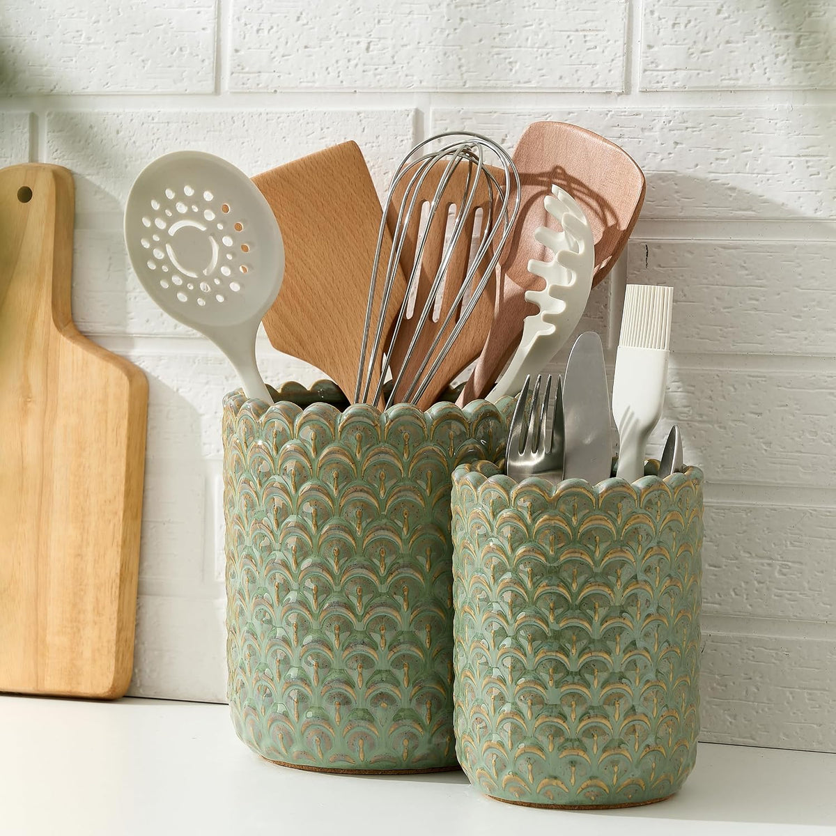JIEMEI HOME Kitchen Utensil Holder, Large 7.5"+6.2" Petal Ceramic Utensil Crock for Countertop, Utensil Holder with