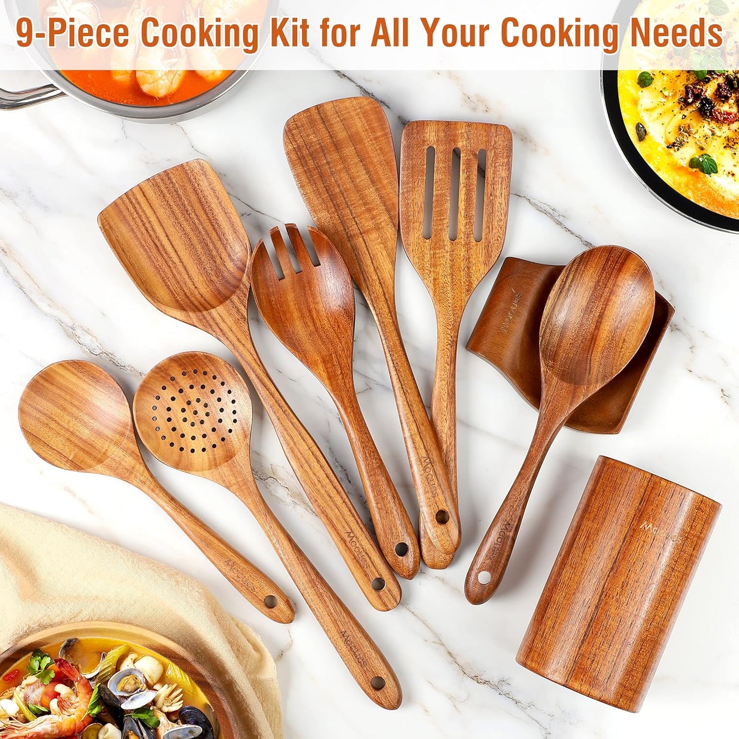 Mooues Wooden Kitchen Utensil Set, 9 Piece Natural Teak with Spoon Rest | Wooden Cooking Utensils with Comfort Grip