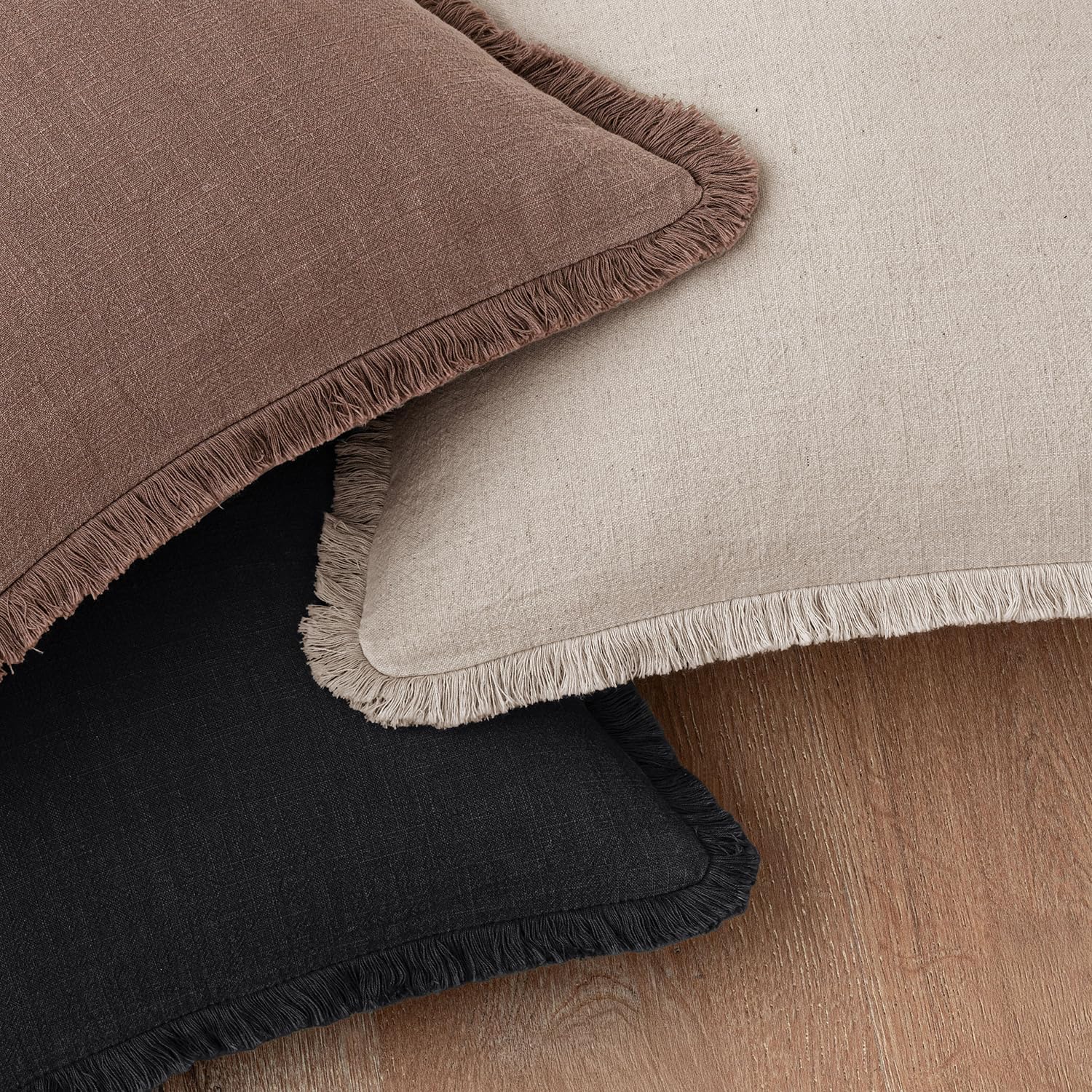 Decorative Linen Fringe Throw Pillow Covers Boho Farmhouse Soft Cushion / 20 x 20 / Black / Set of 2