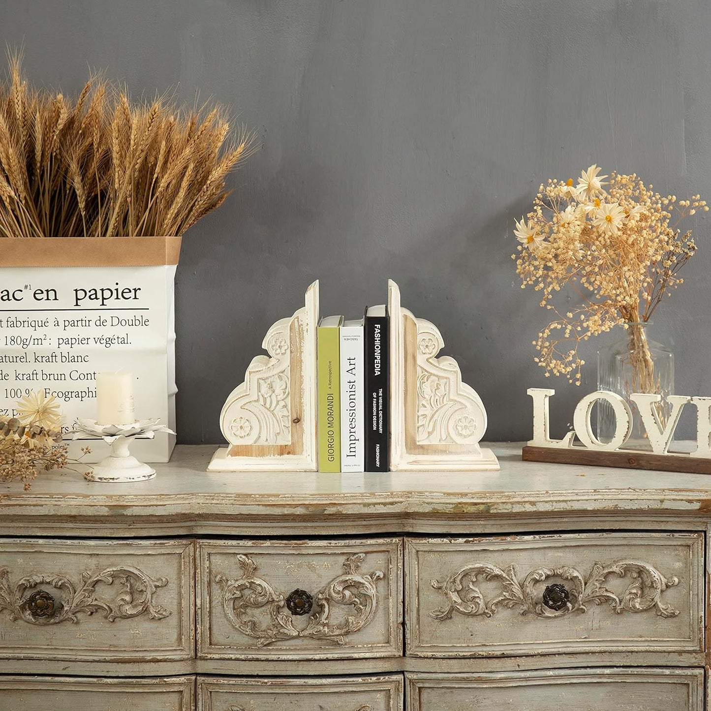 Carved Pattern Farmhouse Book Ends / White