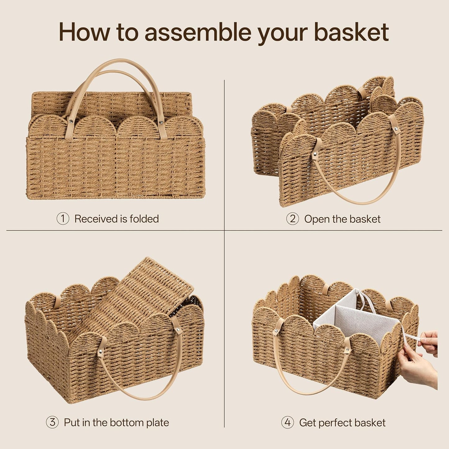 Paper Rope Scalloped Storage Baskets Nursery Bin / Brown / Large