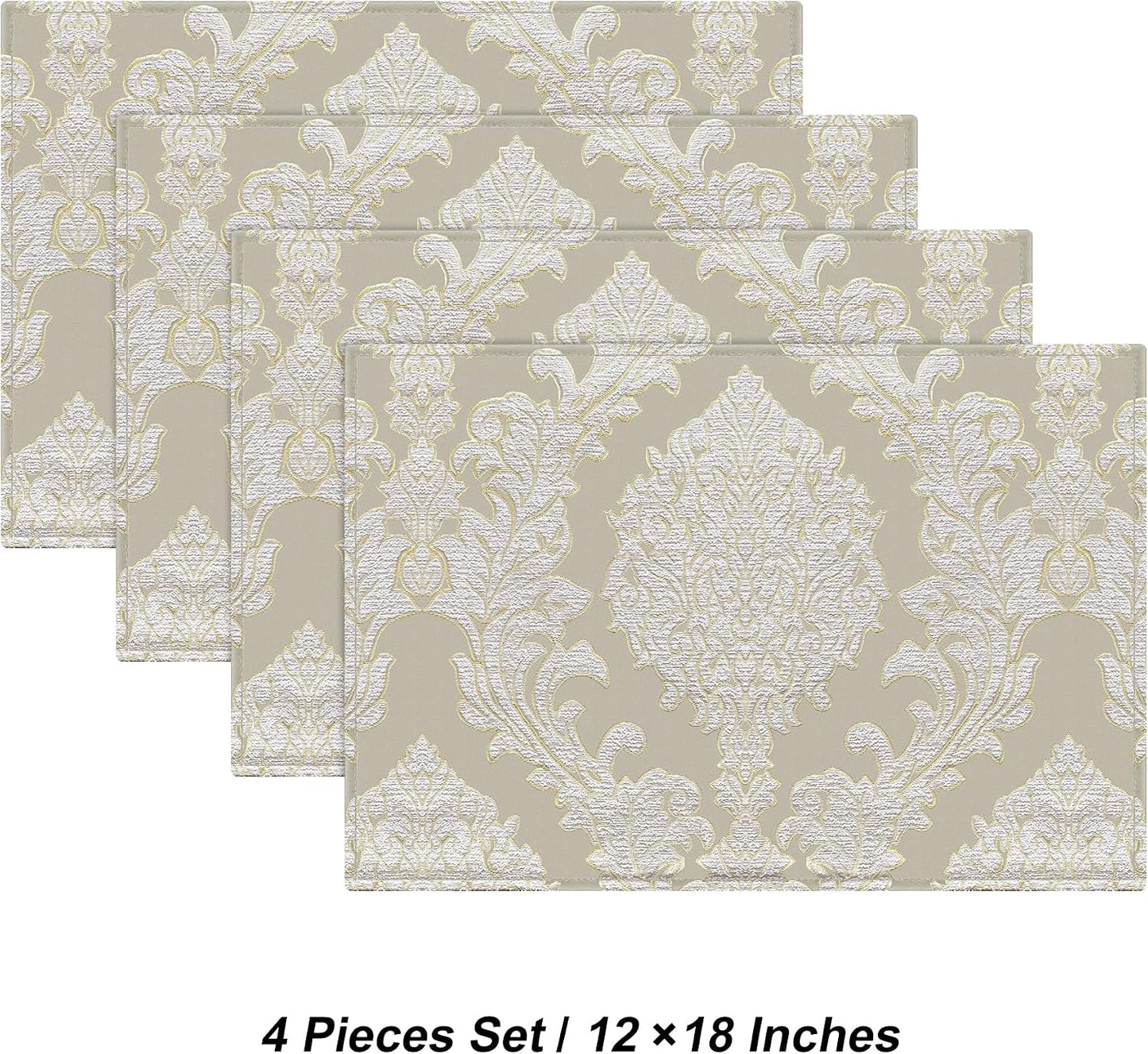 Loom and Mill Luxury Damask Jacquard Placemats Set of 4, Beige, 12x18 in | Non-Slip Table Place Mats for Home Kitchen