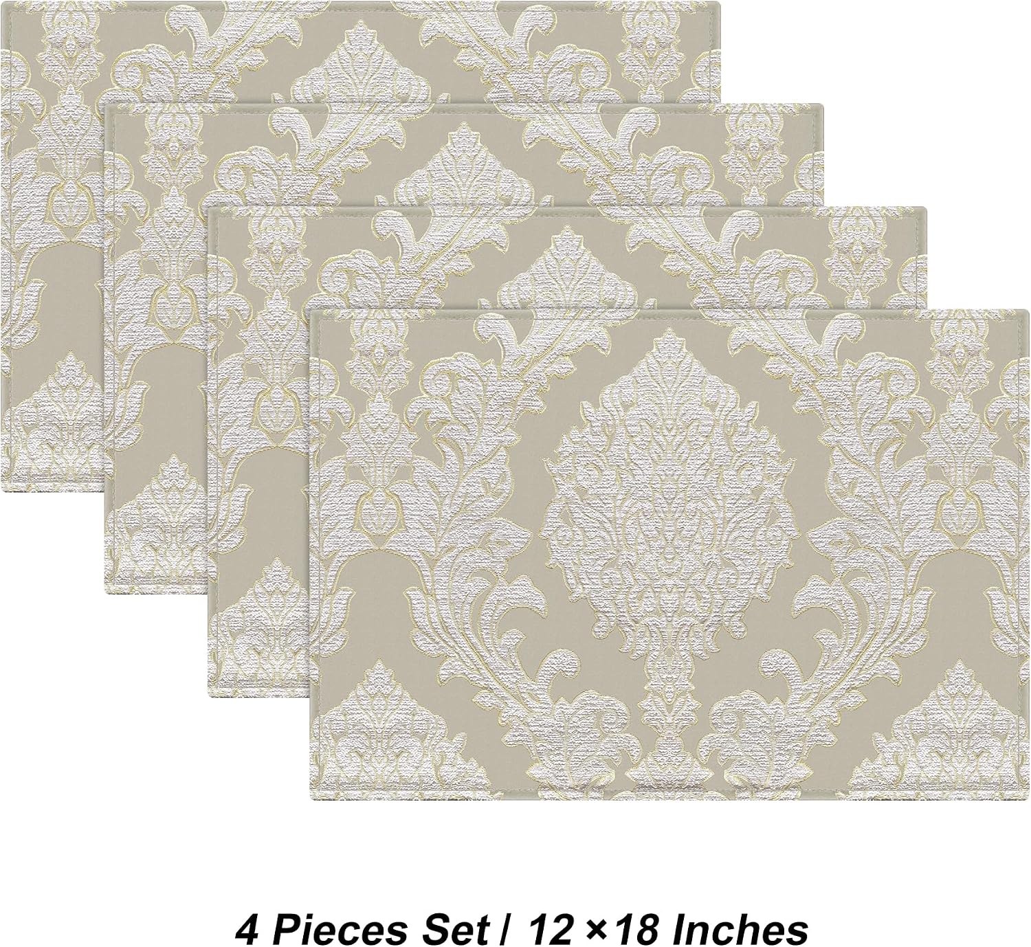 Loom and Mill Luxury Damask Jacquard Placemats Set of 4, Beige, 12x18 in | Non-Slip Table Place Mats for Home Kitchen