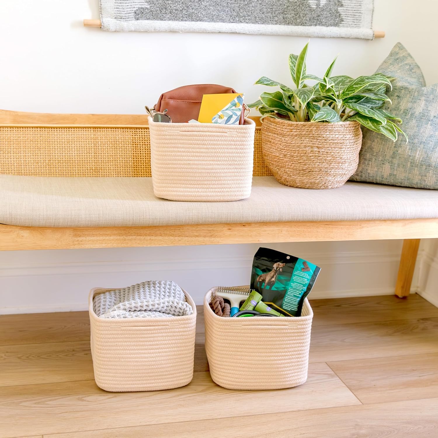 Storage Cubes "Cotton Rope Woven Baskets for Organizing / Beige / 9 x 9 x 7 / Set of 3