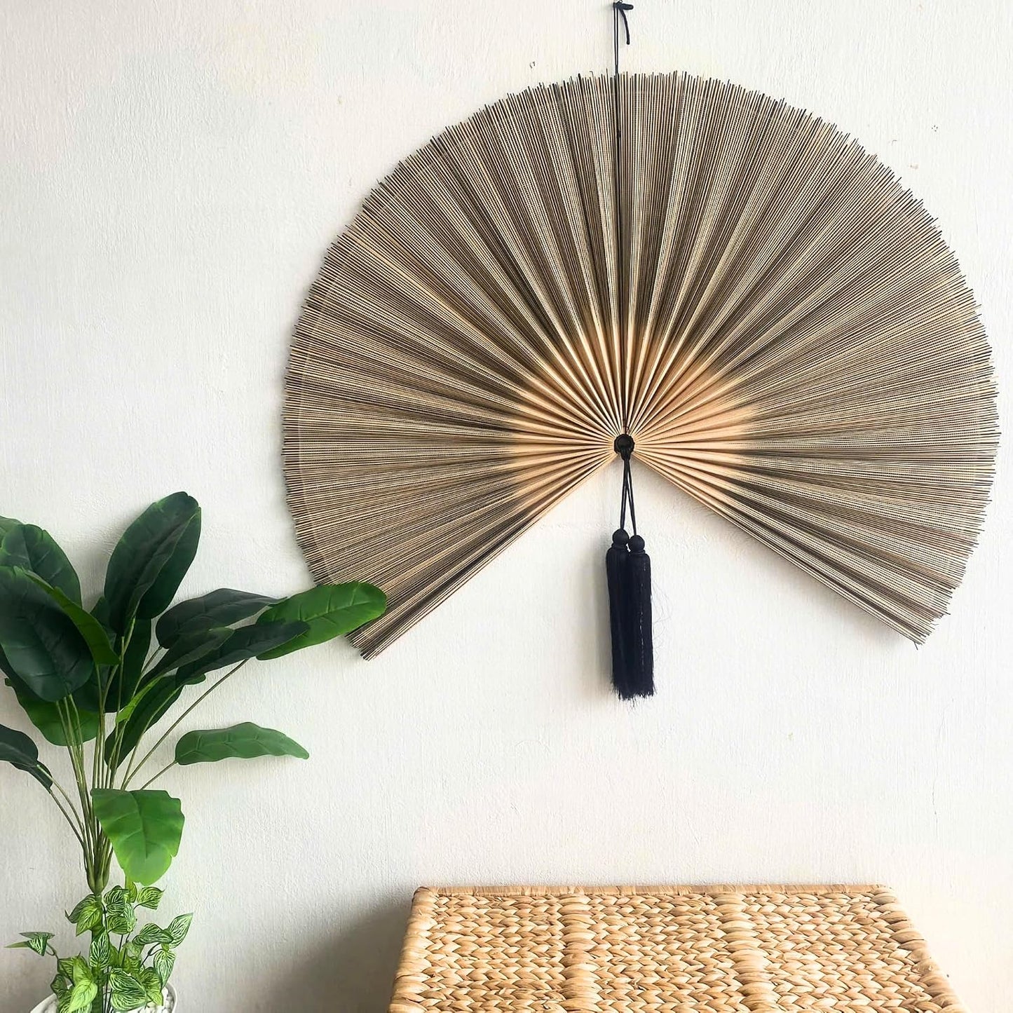 Large Bamboo Fan Wall Art For Boho Hanging Headboard / Gray / 48inch