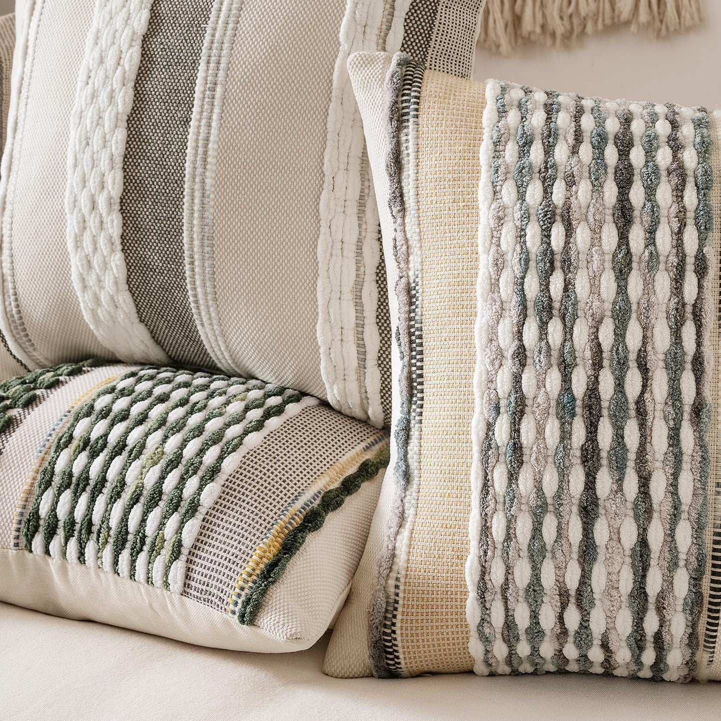 Boho Decorative Throw Pillow Covers Farmhouse Cushion Case / Gray Blue Stripe / 18 x 18 / Set of 2