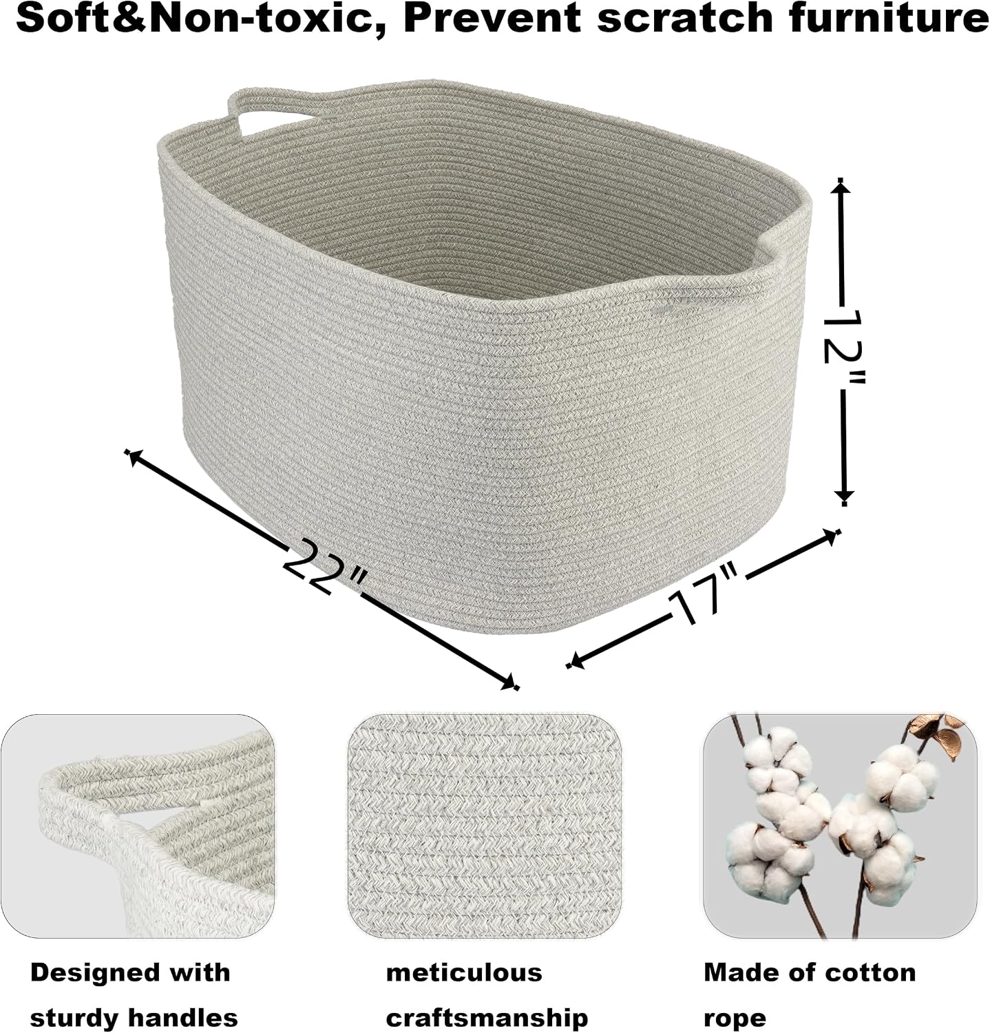 Large Rectangle Blankets Basket Living Room " Woven Cotton Rope Storage / Grey / 22 x 17 x 12