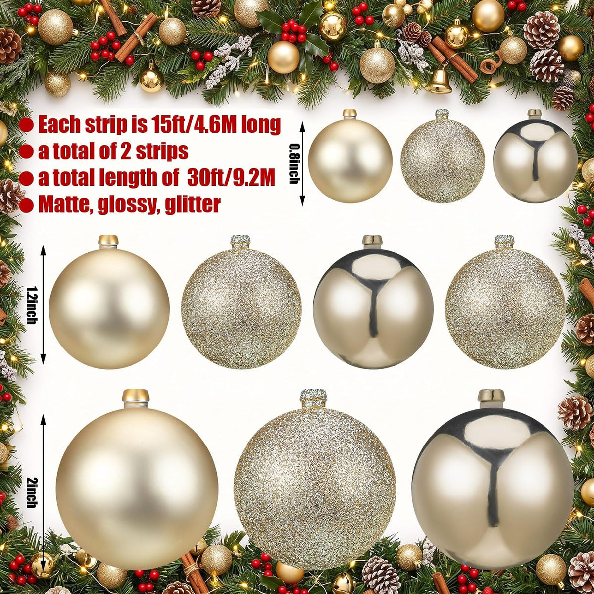 2 Pcs 15 ft Christmas Ball Ornament Garland, Champagne Gold | Bauble Bulb Christmas Tree Ball Decoration Shatterproof