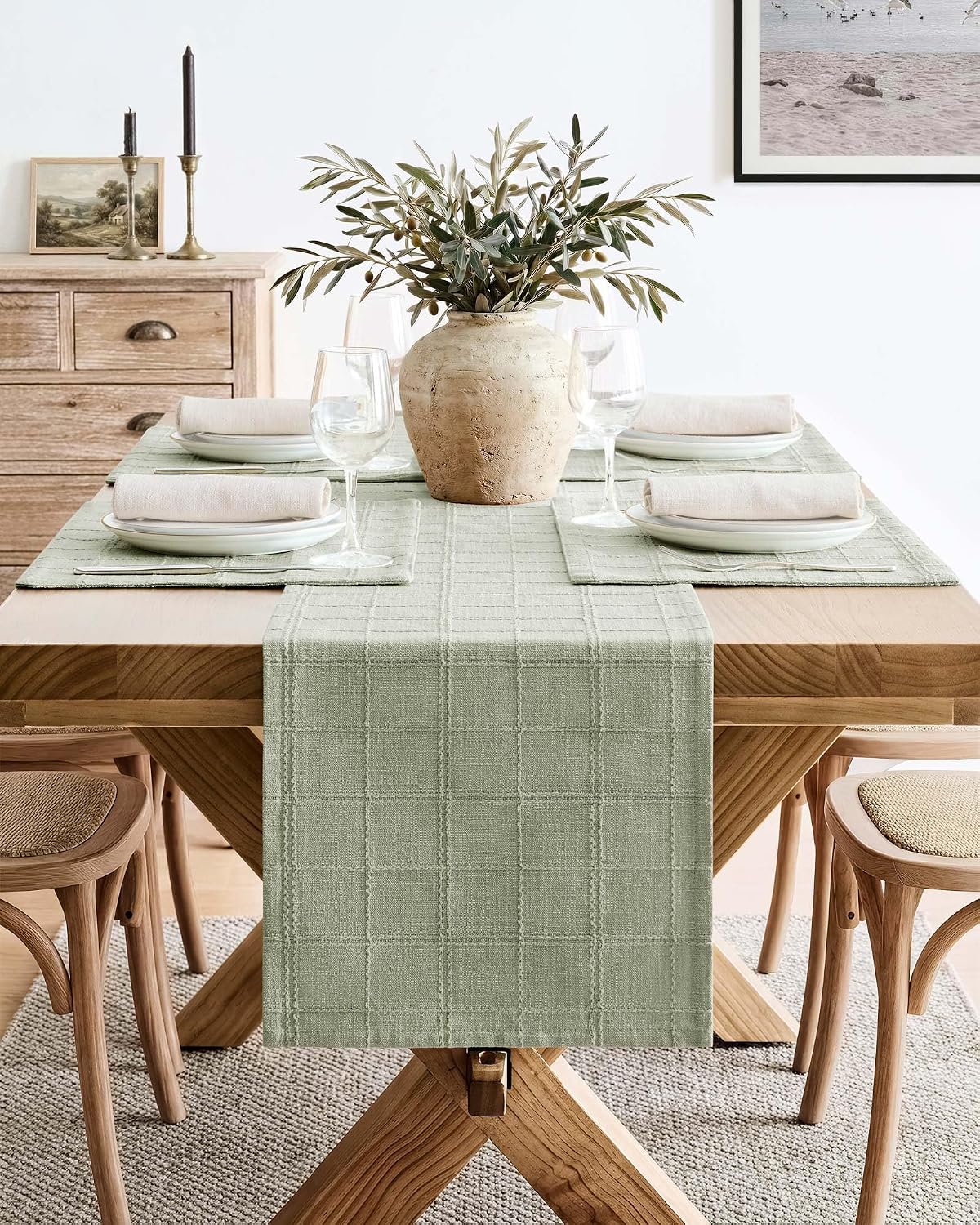 Linen Checked Farmhouse Placemats Set of 6, Seeding Green 13x19in | Double Layer, Reversible, Thick Textured Table