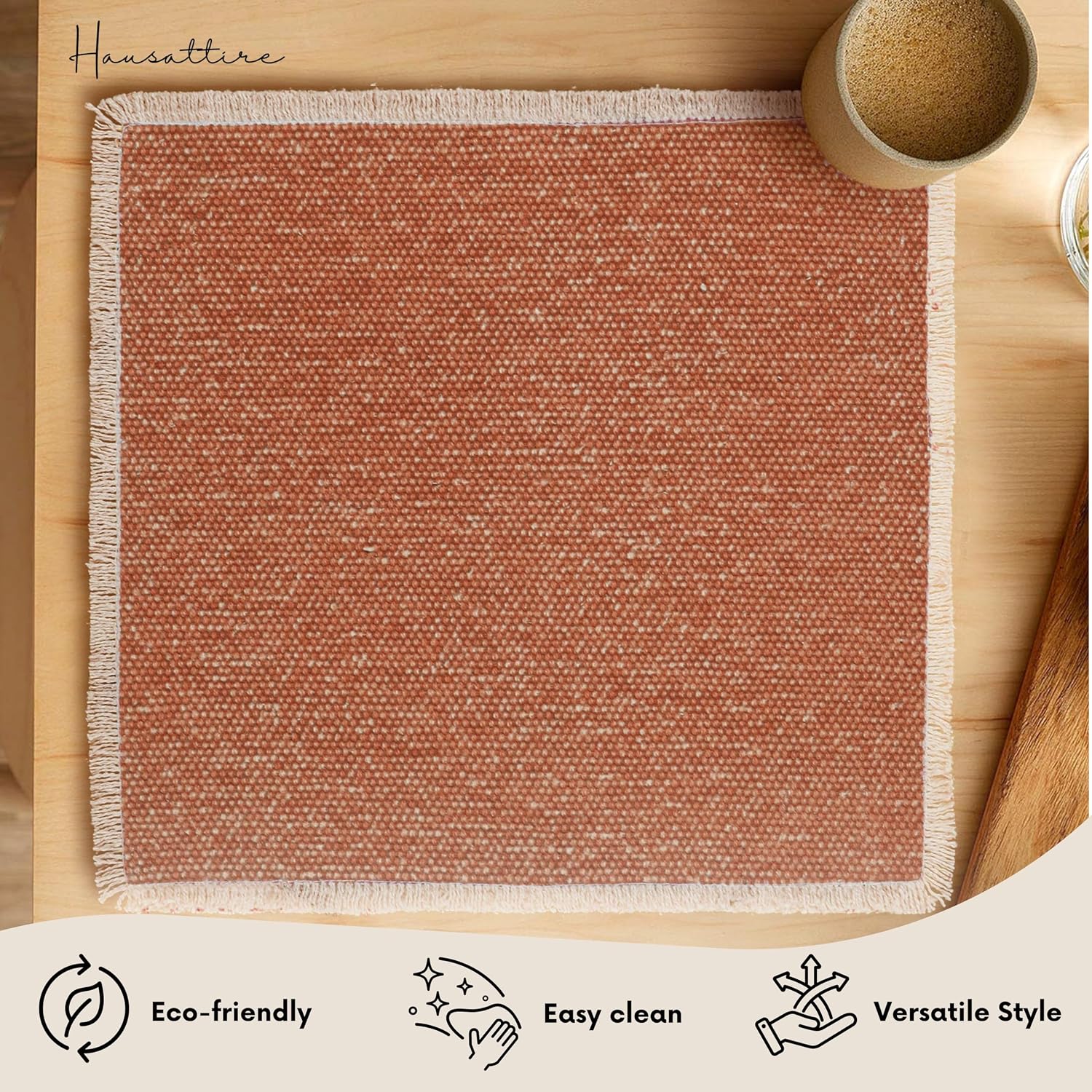 Hausattire Cotton Frayed Placemats Set of 6 Dining Table 14x14 Inch | Rustic Harvest Boho Washable Easter Placemat for