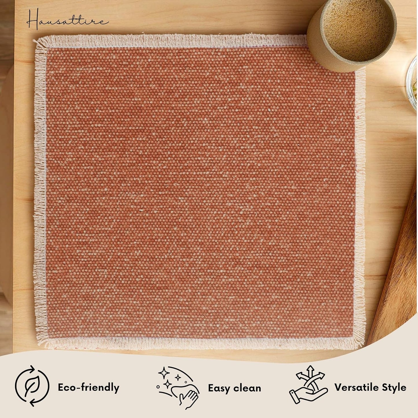Hausattire Cotton Frayed Placemats Set of 4 Dining Table 14x14 Inch | Rustic Harvest Boho Washable Easter Placemat for