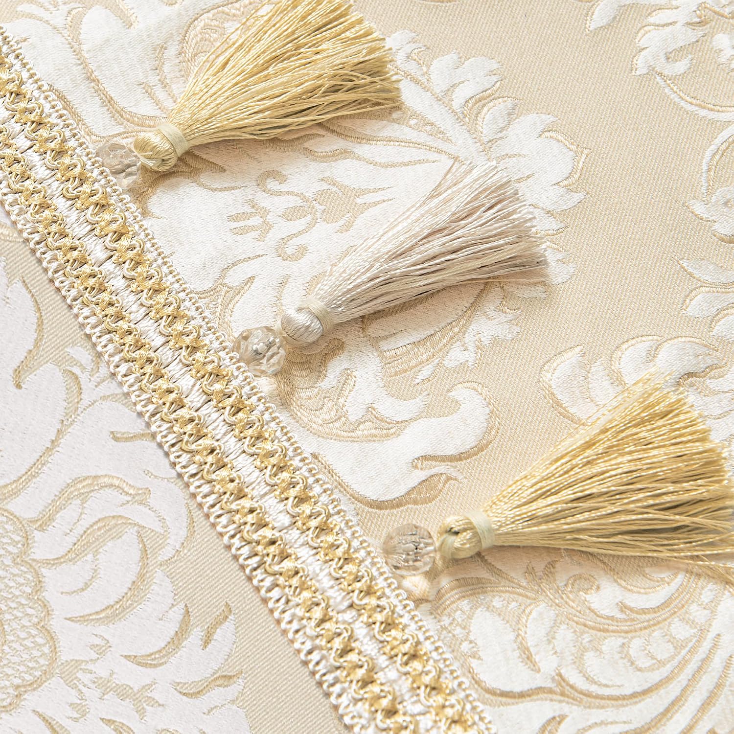Loom and Mill Elegant Jacquard Table Runner 90 inches Long, Beige+White | Damask Floral Table Runners with Handmade