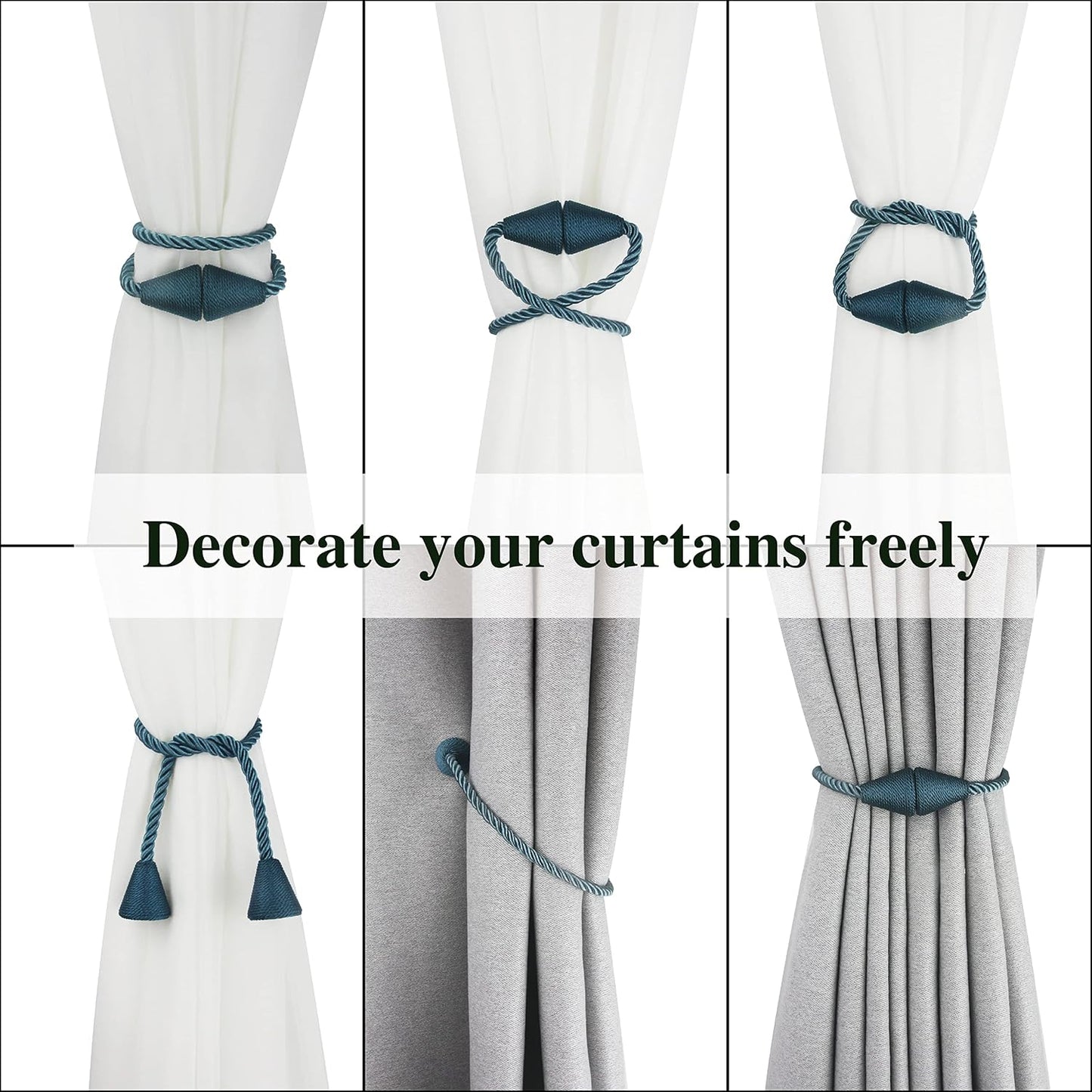 Magnetic Curtain Tiebacks Rope Decorative Holdbacks for Drapes Nieffeiy | 6 Pack Blue Modern Handmade Curtain Tie Backs