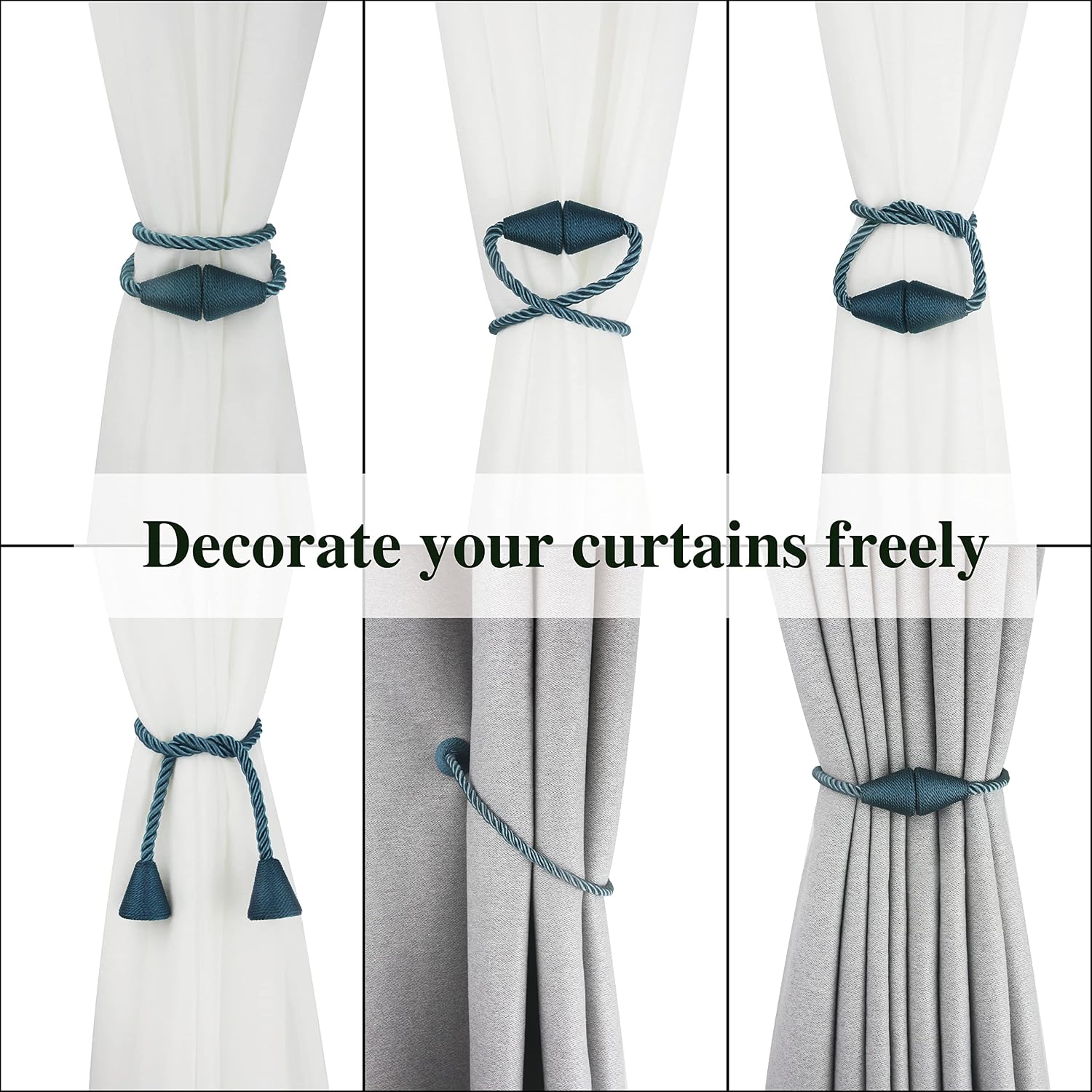 Magnetic Curtain Tiebacks Rope Decorative Holdbacks for Drapes Nieffeiy | 6 Pack Blue Modern Handmade Curtain Tie Backs