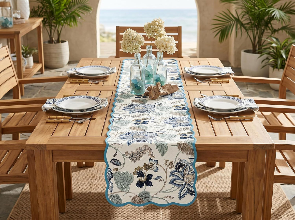 Coastal Blues Luxury Handcrafted Runner (Reversible) Cotton Quilted Fabric Machine Washable – Elegant Home Decor – 14 x
