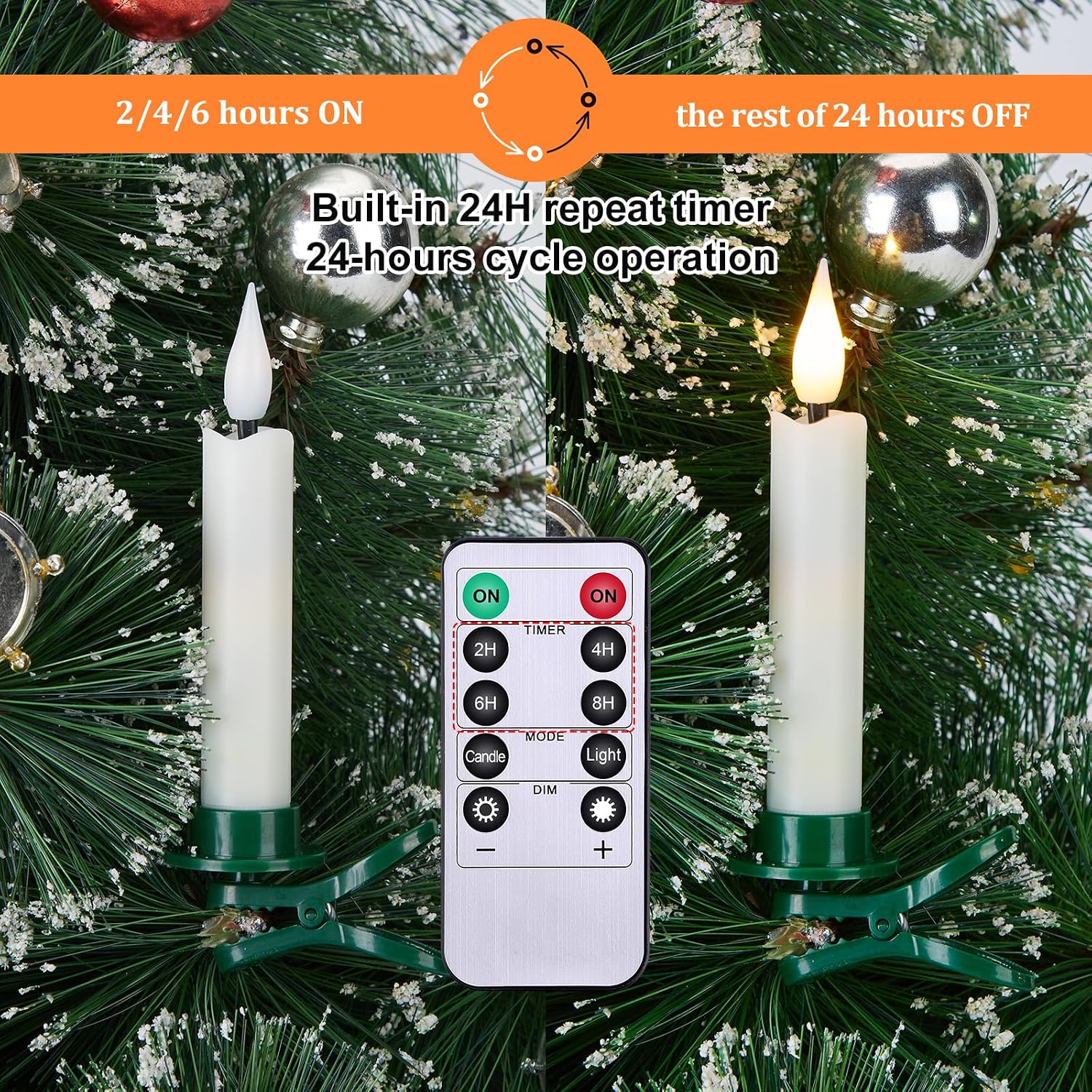 IMAGE 12Pcs LED Taper Candles Light Set Flameless 3D Wick Ivory Candles with Clip-on Christmas Tree Design, 10-Key