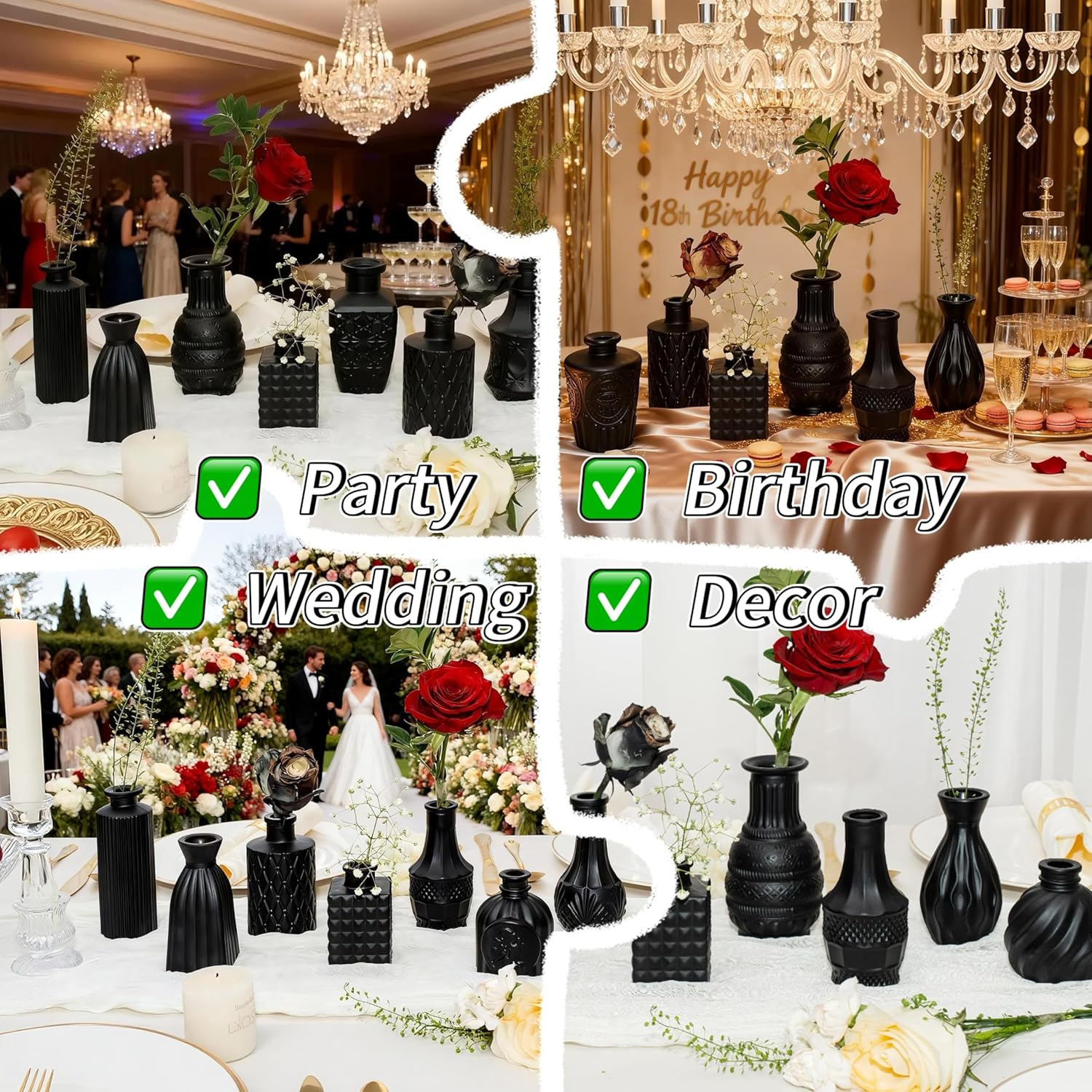 Black Glass Bud Vase Pcs / Classic Black / Set of 12