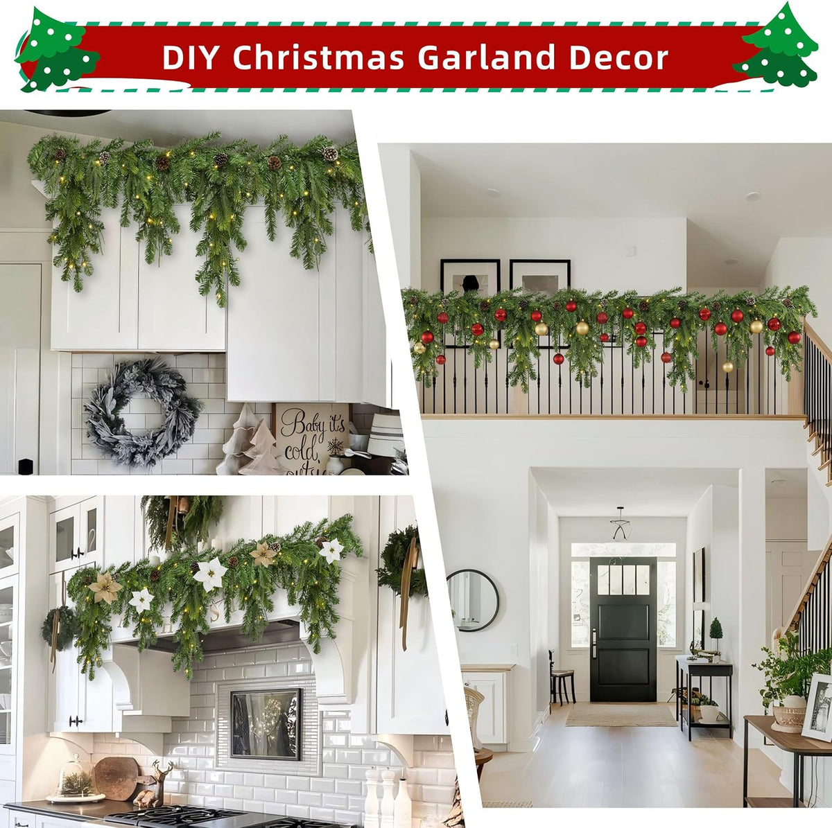 6ft Cascading Christmas Garland with Lights/Pinecone for Mantel Decorations | Prelit 80 Warm White LEDs with Dark Green