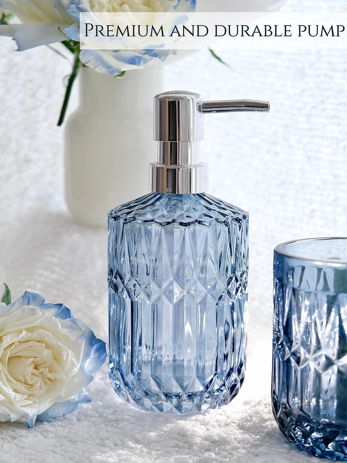 LaMarriti Blue Bathroom Accessories Set, 5Pcs Clear Glass Bathroom Accessories, Hand Soap Dispenser, Soap Dish