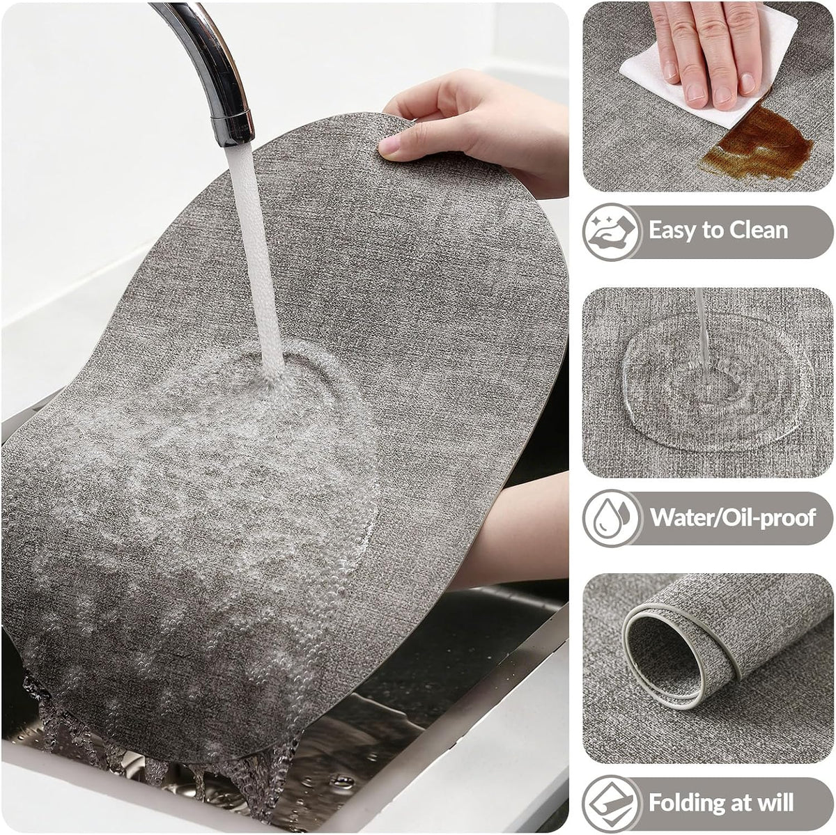 Placemats Set of 4, 11.8 x 17 Inch, Light Grey | Heat Resistant Oval Faux Leather Place Mats, Waterproof Wipeable