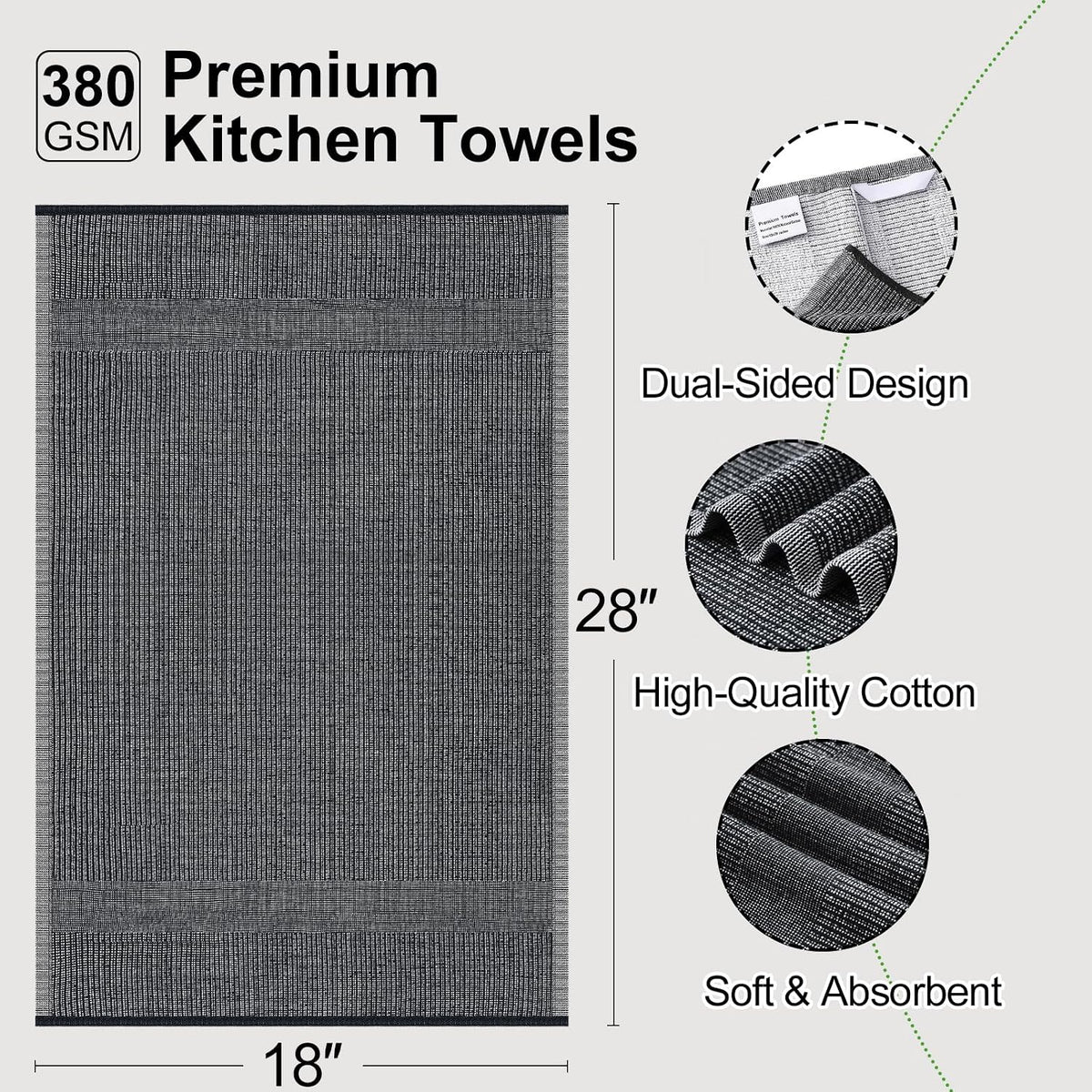 Mordimy Premium Large Cotton Kitchen Towels (18"x 28", 12 Pack), Black | 100% Ring Spun Cotton, Super Absorbent, 380