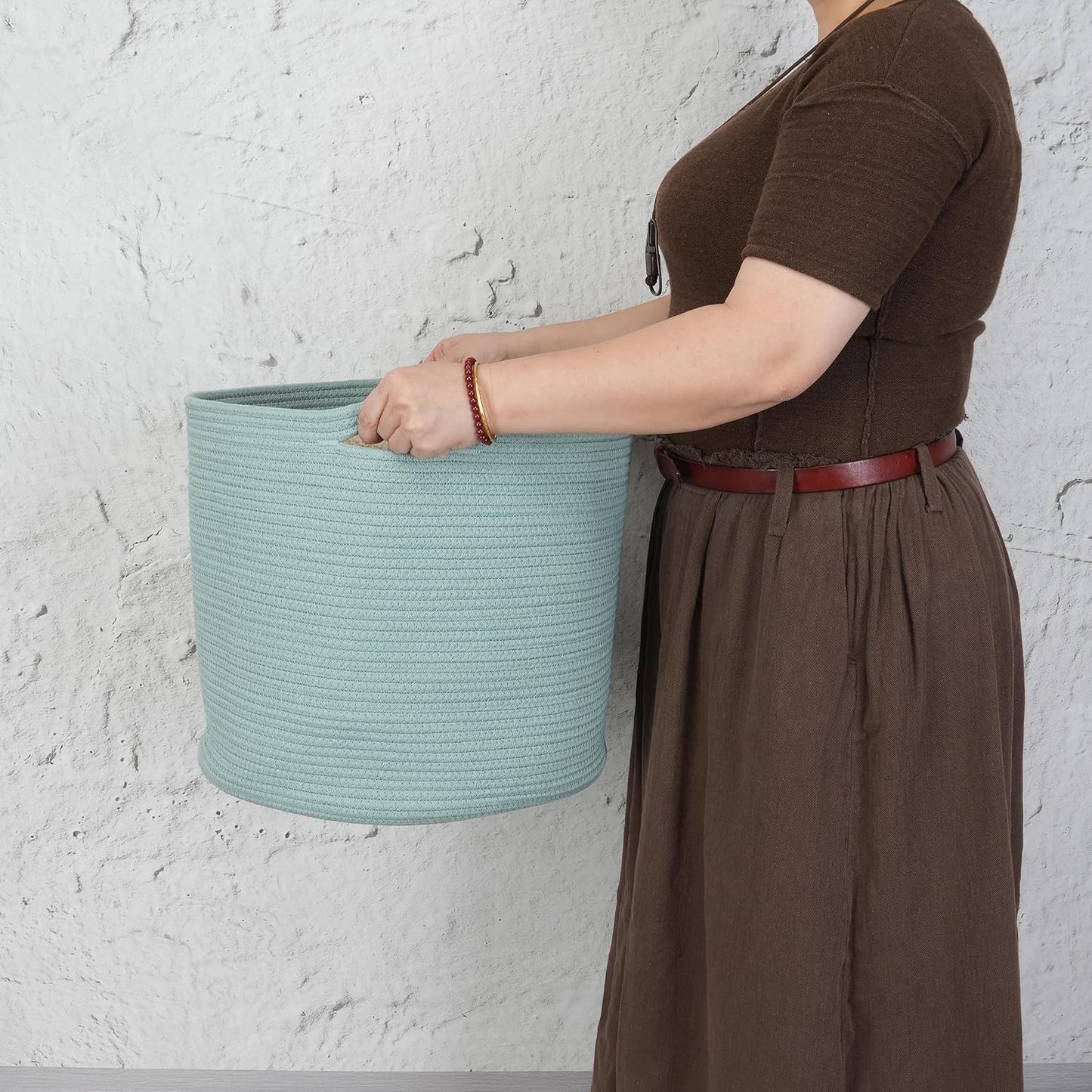 Cotton Rope Basket For Girls Boys Kids " Baby Laundry Baskets Nursery Bin Round / Green / 16 x 14