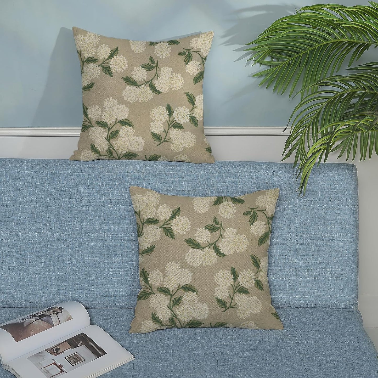 Beige Spring Pillow Covers Khaki Green Hydrangea Flower Decor / 18 x 18 / Beige Hydrangea / Set of 2