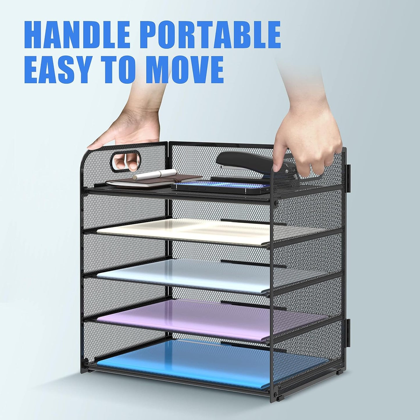 2 Pack 5-Tier Desk Organizer with Handle Mesh Desk File/Paper Organizer Letter Tray for Office, School, Classroom and
