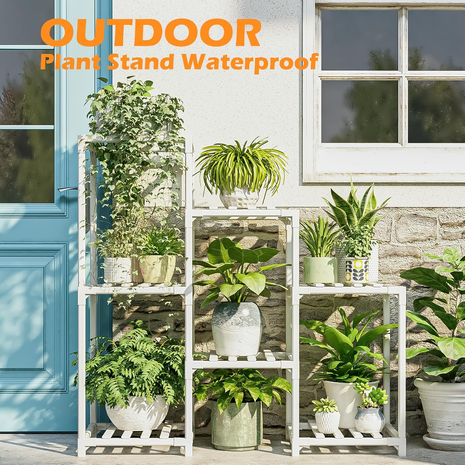 Bamworld Indoor Plant Stand Outdoor White Shelf Bamboo Plant Table for Multiple Plants 3 Tiers 7 Pots Ladder Holder Pot
