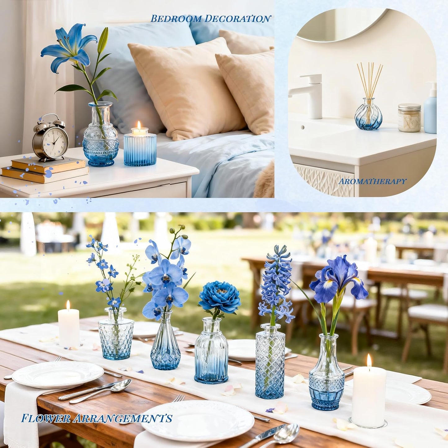 Glass Bud Vases Small Flower Vases for Rustic Wedding Centerpieces Table / Blue / Set of 32
