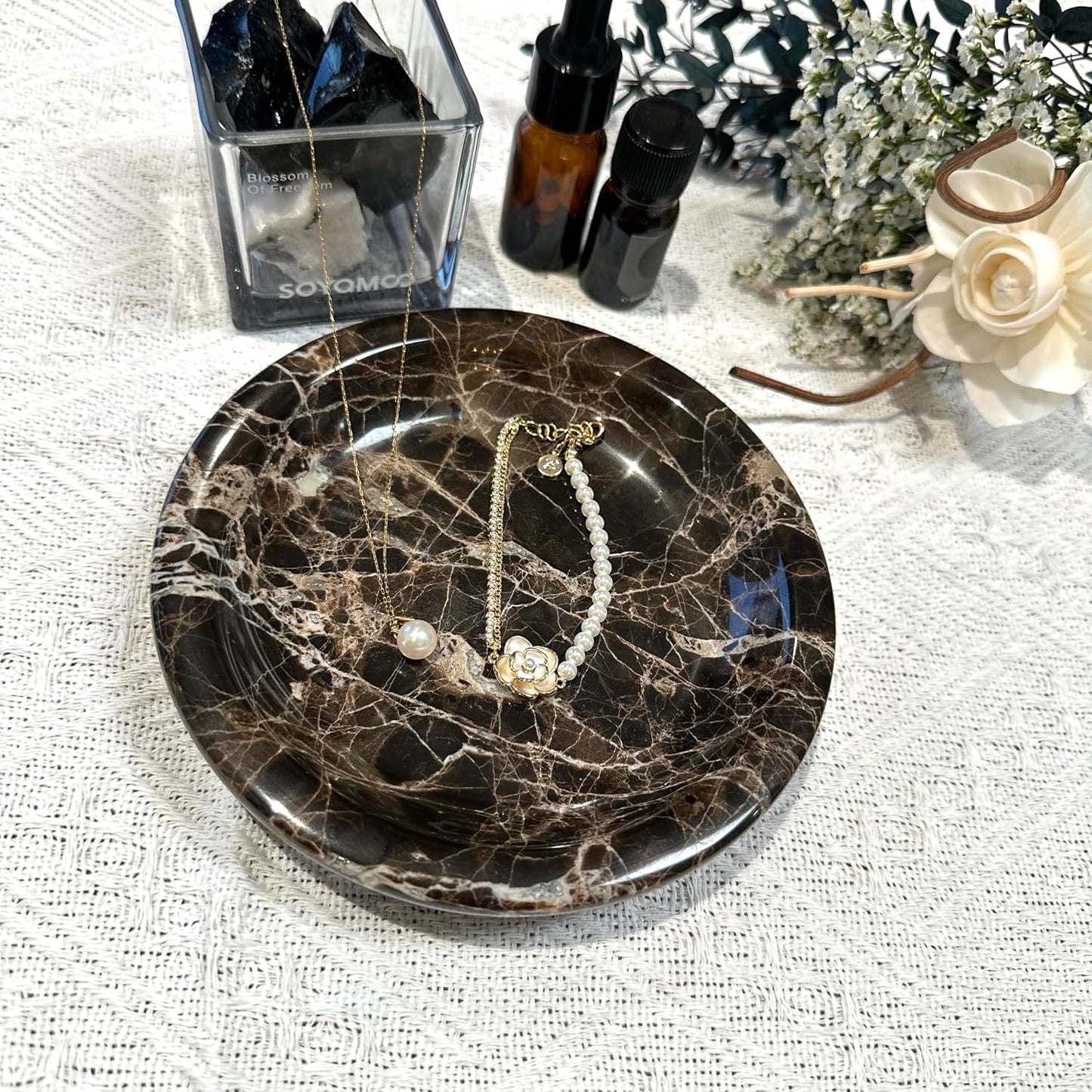 Marble Tray / Dark Brown Round Marble Vanity Tray / Emperador Dark / Natural